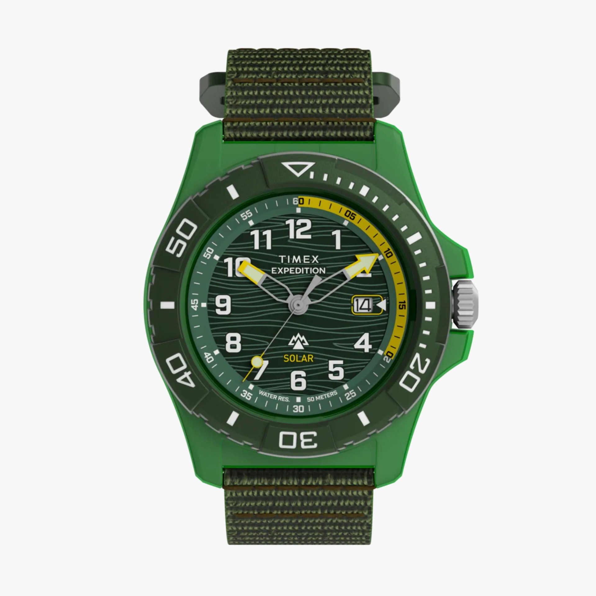 Green Timex Expedition solar watch with yellow accents and fabric strap.