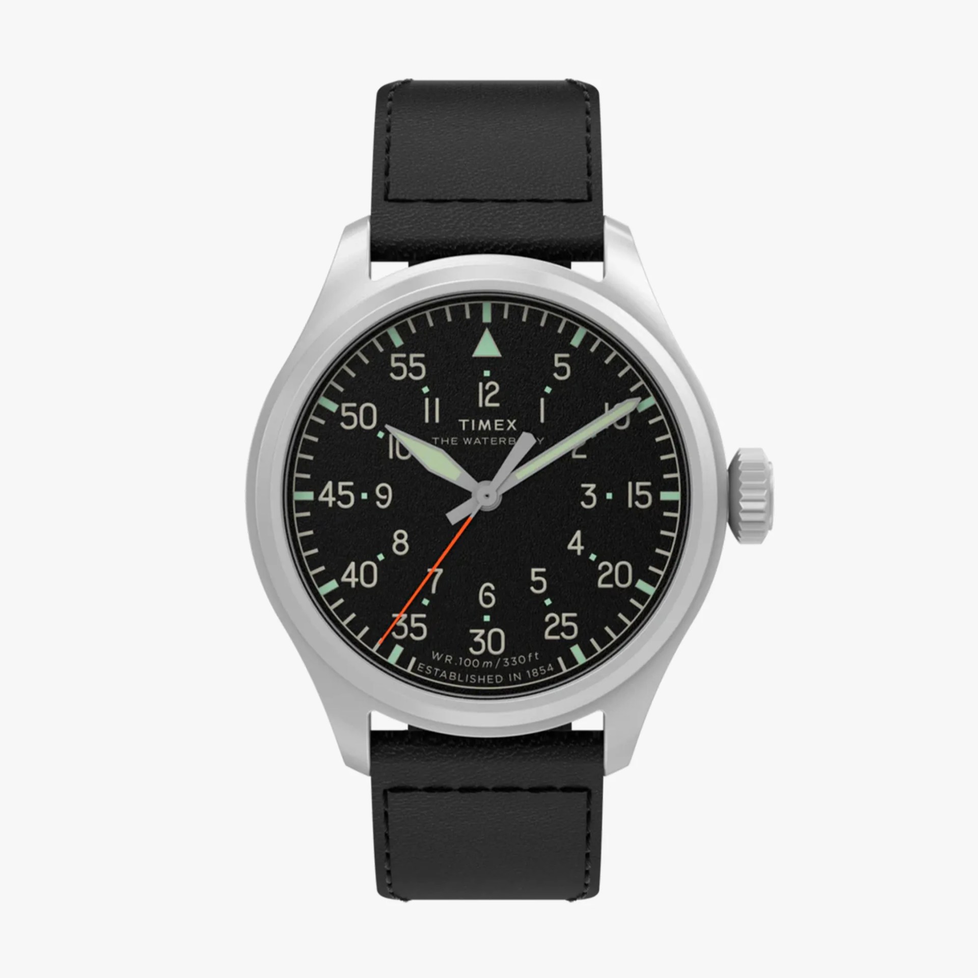 Silver Timex wristwatch with black dial, white numerals, luminous hands, orange second hand, and black leather strap.