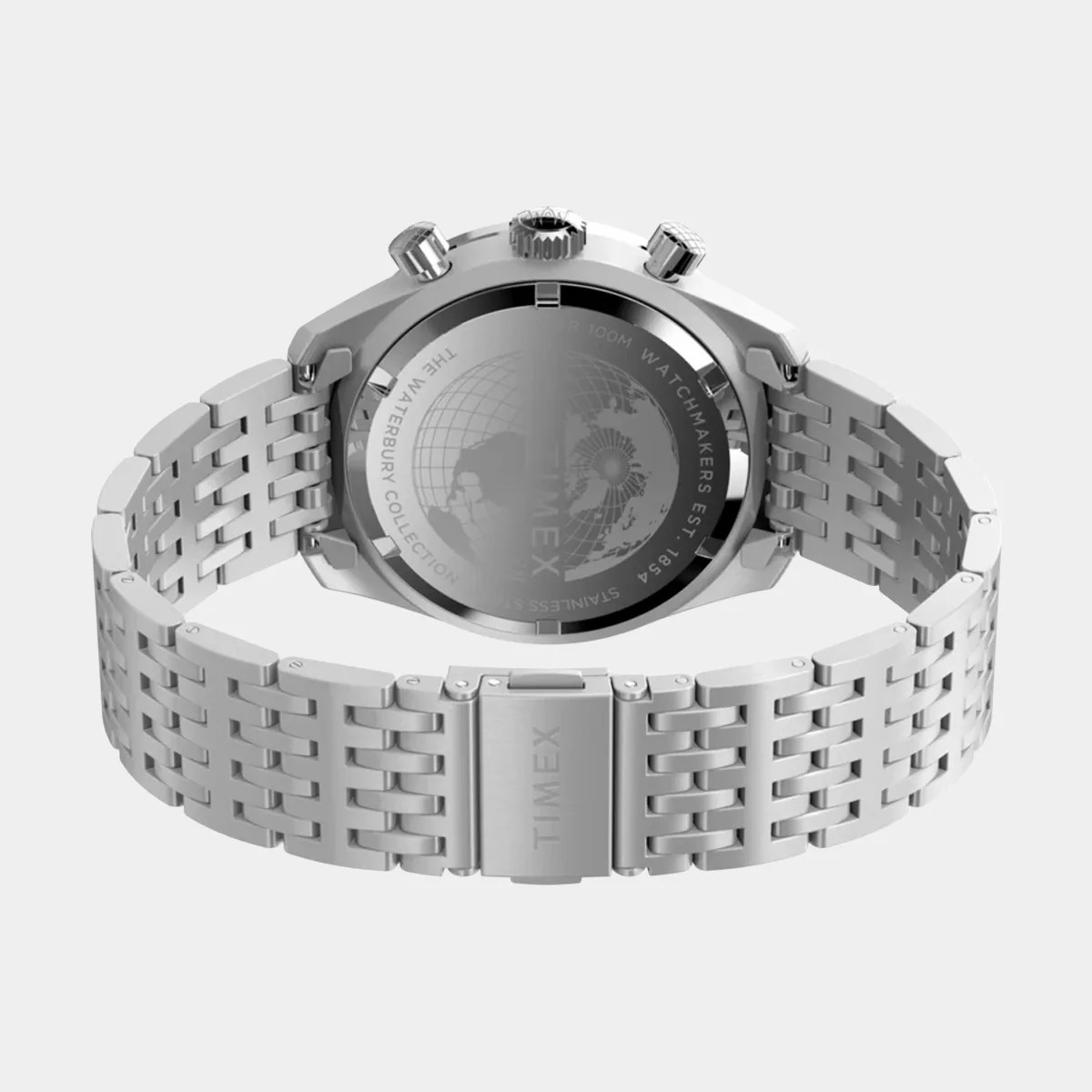 Silver stainless steel Timex watch with a linked bracelet and engraved case back showing a globe design.