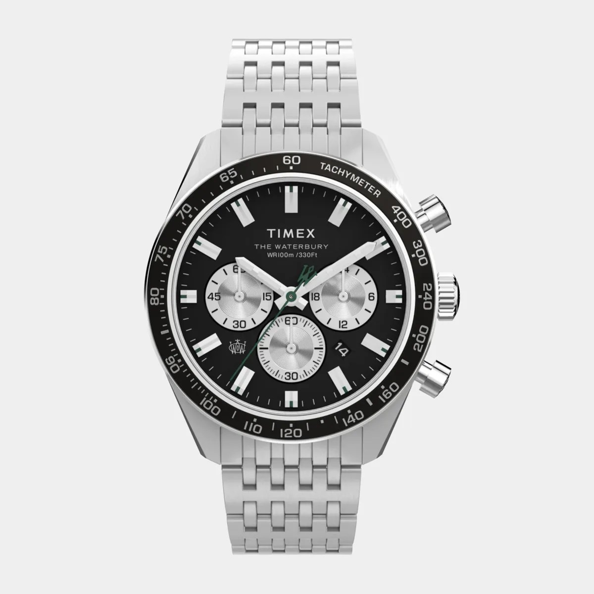 Silver stainless steel Timex Waterbury chronograph watch with black dial and tachymeter bezel.