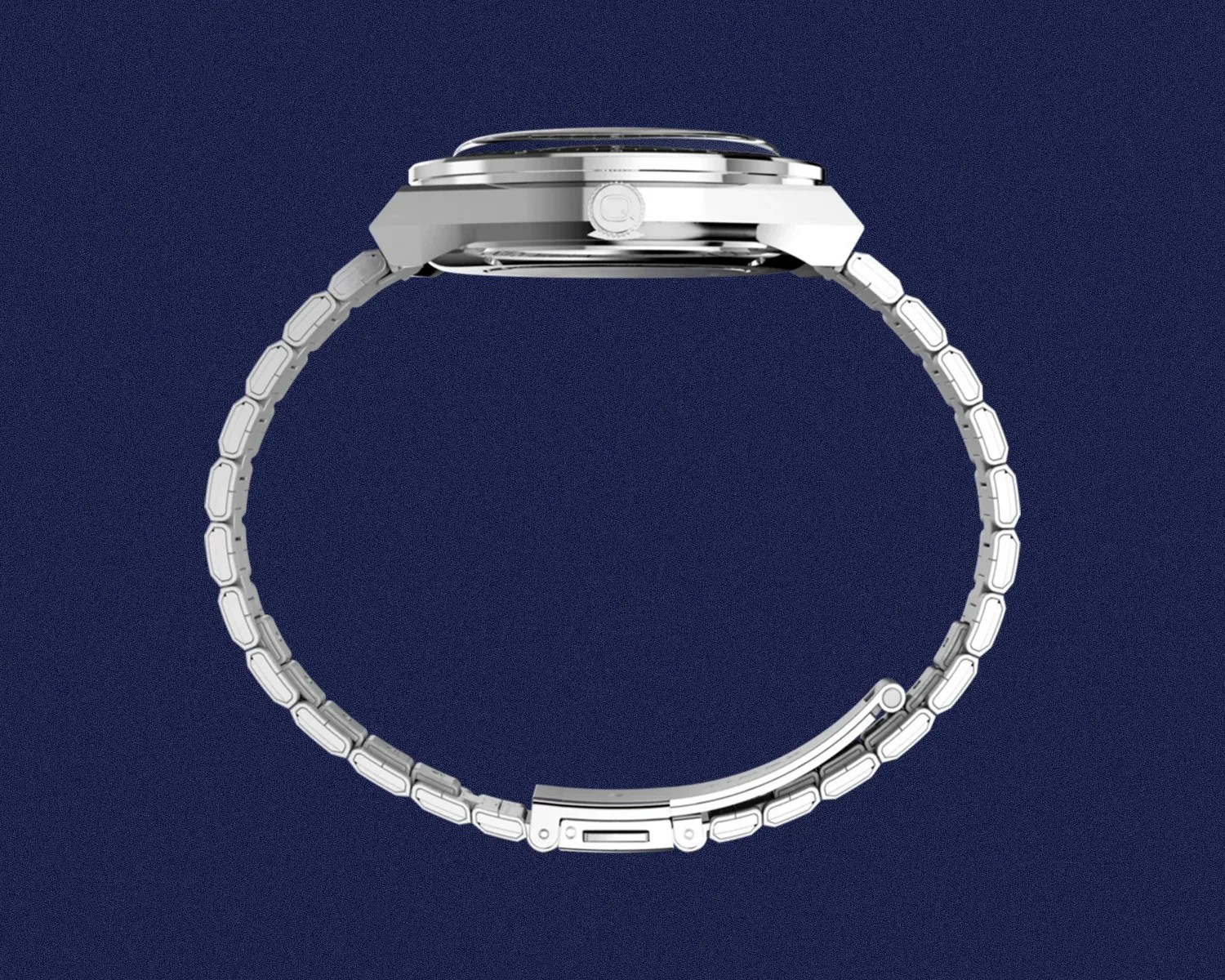 Side view of a silver metal wristwatch with a linked bracelet and a crown on a blue background.