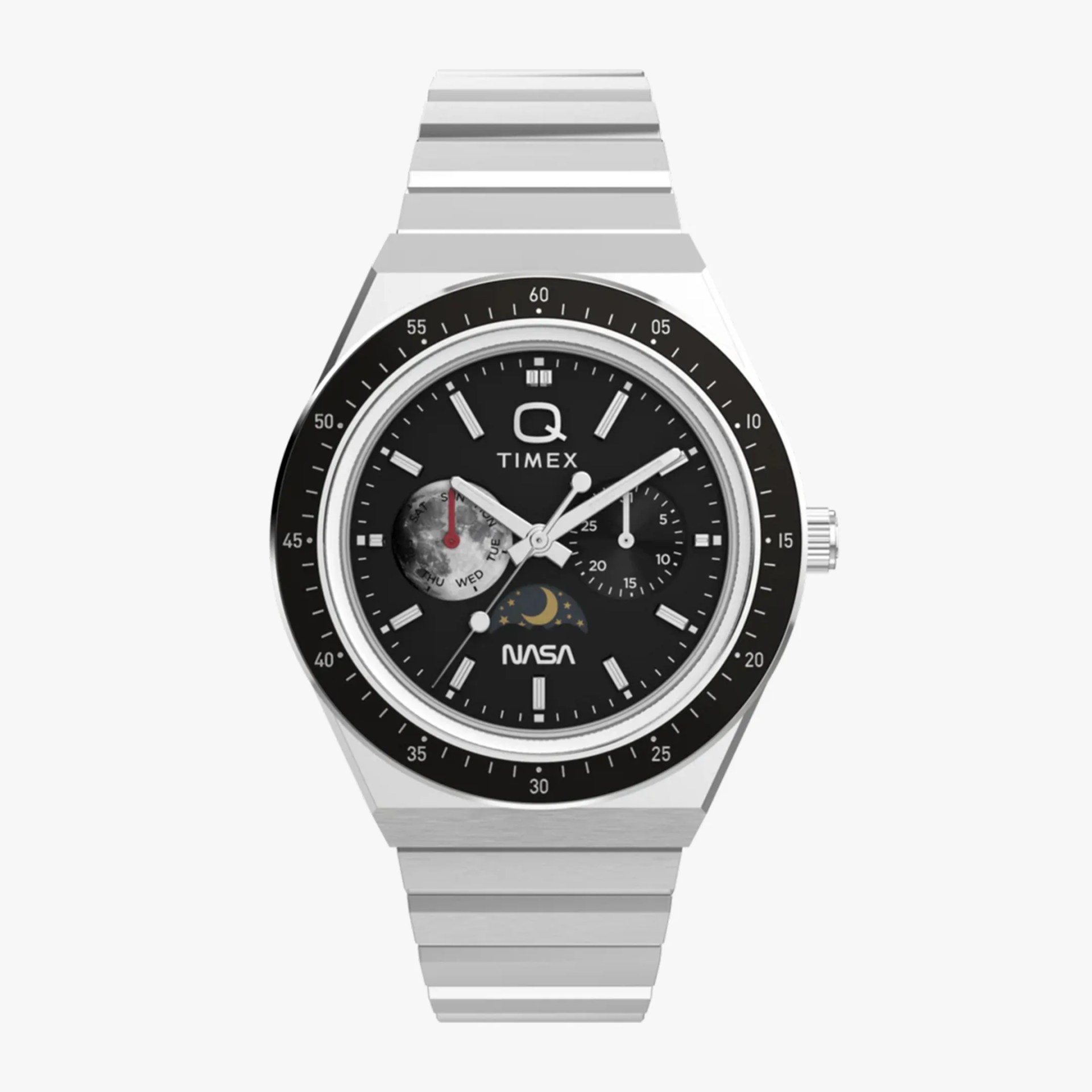 Silver metal Timex wristwatch with black dial featuring NASA logo and moon phase subdials.