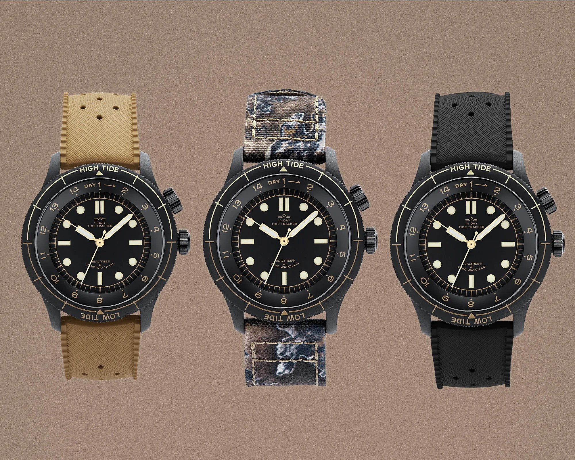 Three black dial wristwatches with black bezels labeled "HIGH TIDE" and "LOW TIDE," featuring beige, camo fabric, and black textured straps.
