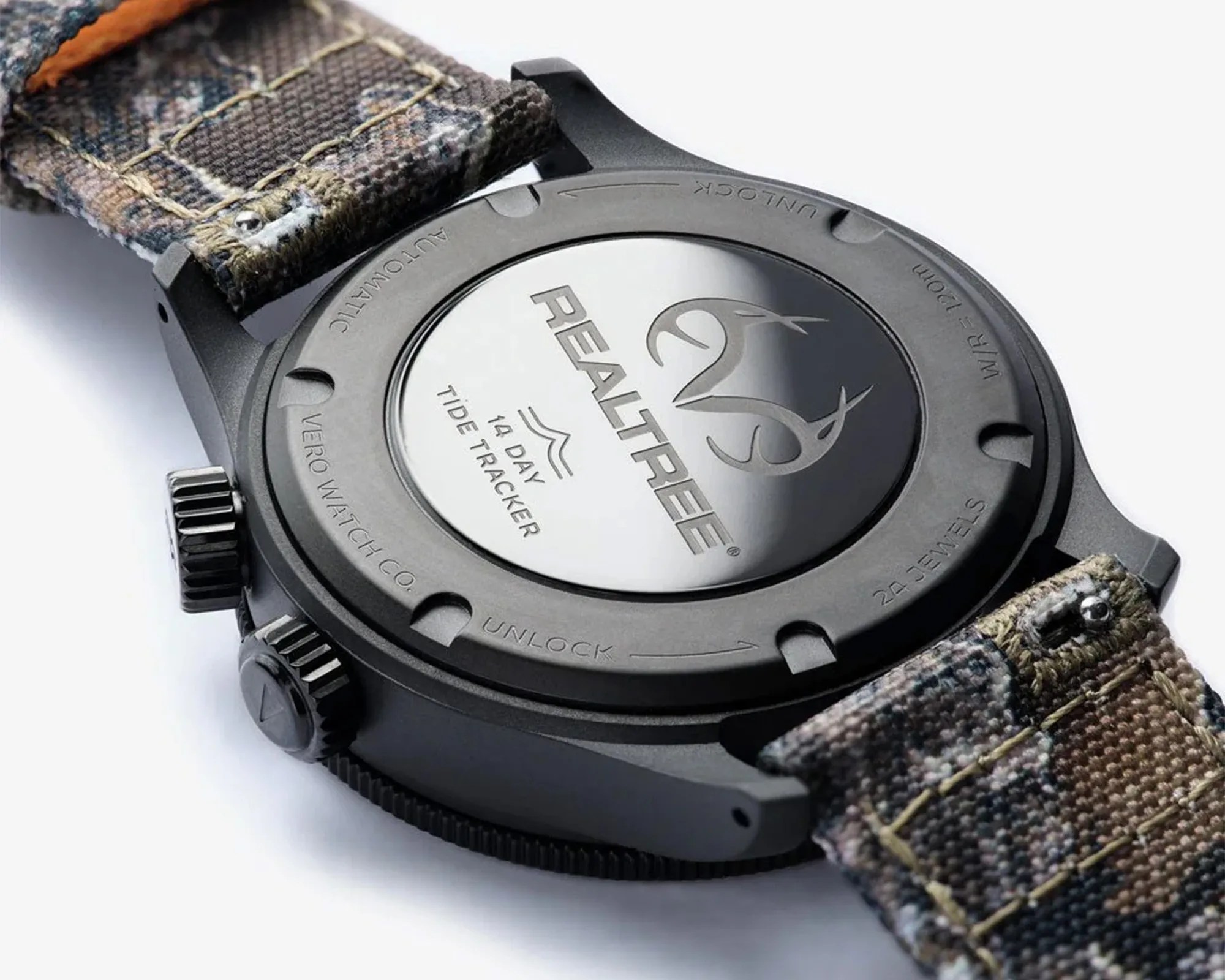 Back of a Realtree 14-day tide tracker watch with black case and camouflage fabric strap.