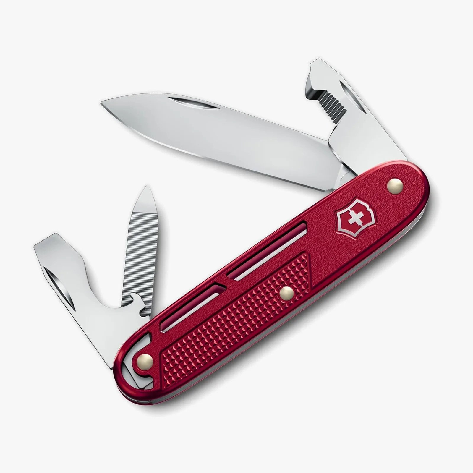 Red Swiss Army knife with multiple stainless steel tools extended, including a large blade, bottle opener, and file.