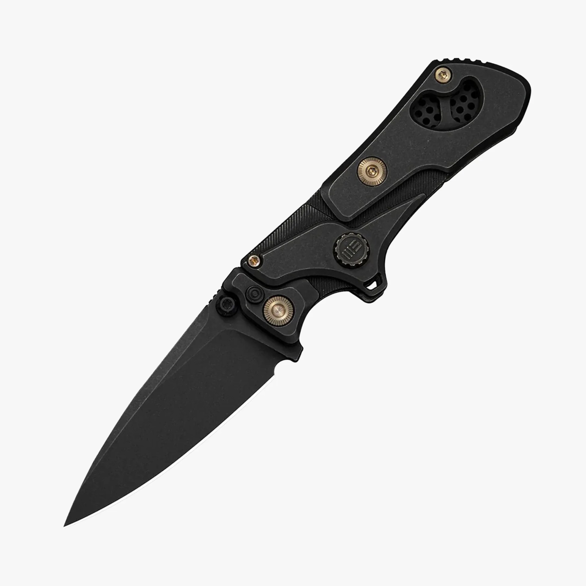 Black folding knife with textured handle and bronze screws on a white background.