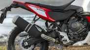 Close-up of the rear section of a Yamaha World Raid motorcycle showing the exhaust, rear wheel, and engine components.