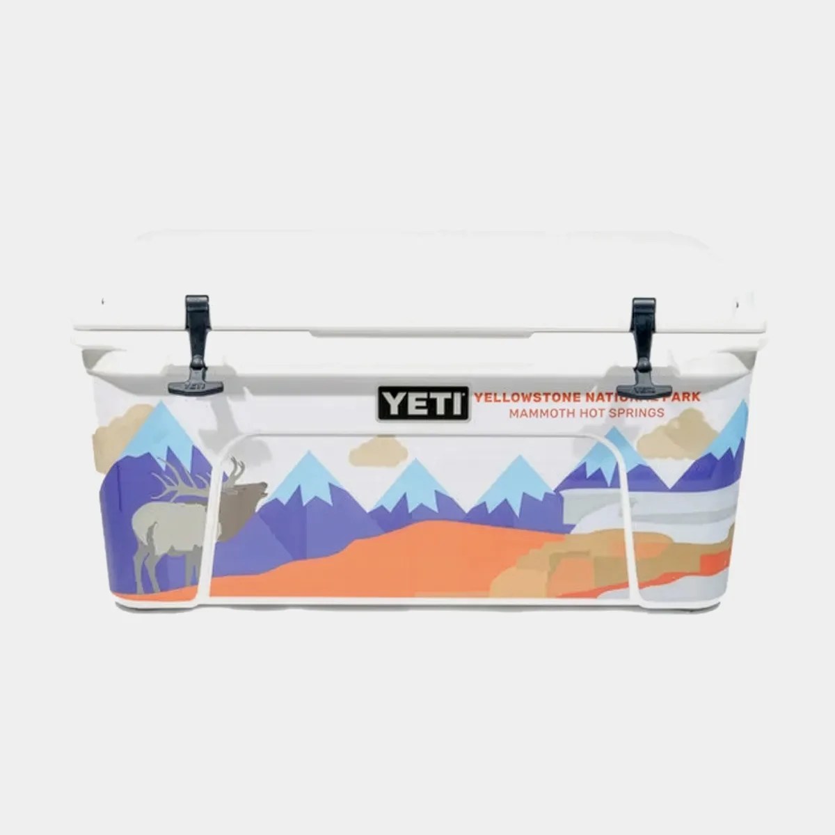 White YETI cooler with black latches featuring a colorful Yellowstone National Park Mammoth Hot Springs landscape design.