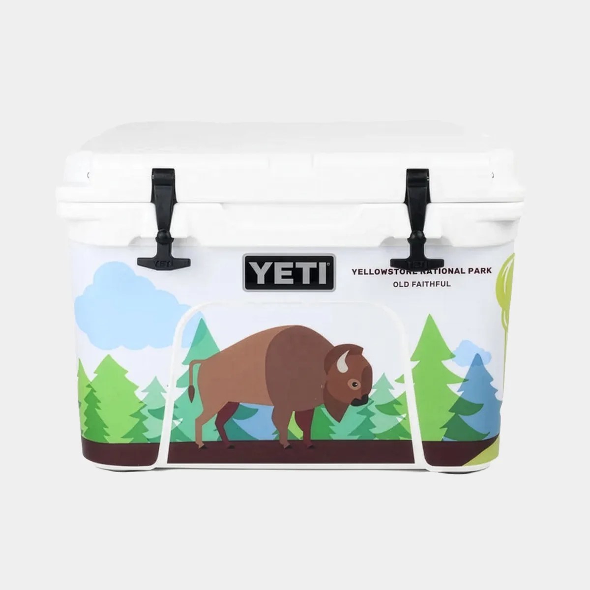 White YETI cooler with black latches featuring a Yellowstone National Park Old Faithful design with a bison and trees.