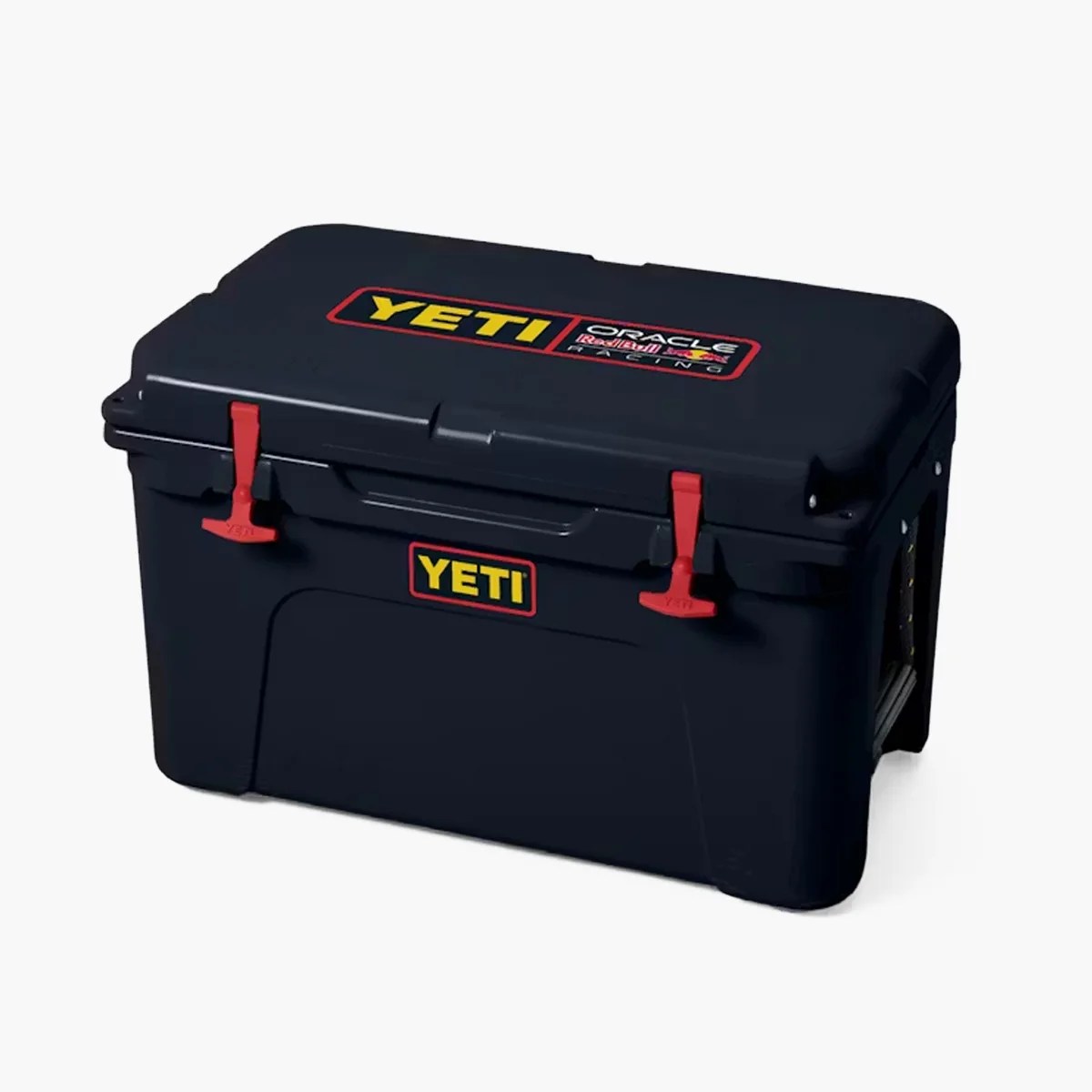 Black YETI cooler with red latches and Oracle Racing logo on the lid.