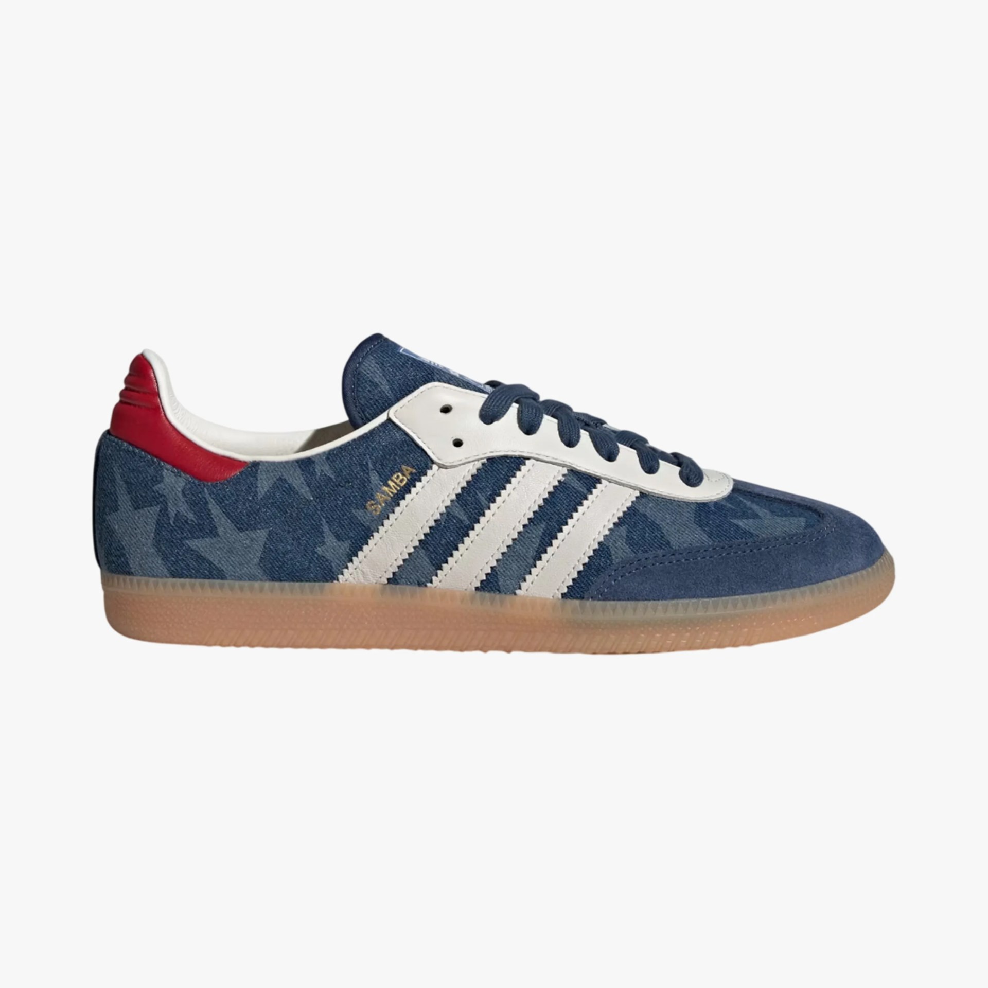 Blue denim Adidas Samba sneaker with white stripes, red heel tab, and gum sole.
