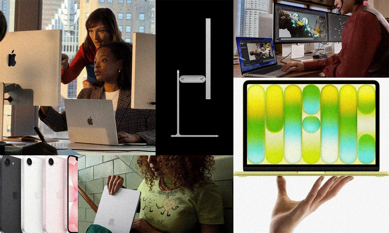 Collage showing Apple products: two women using iMac and MacBook, a side view of a Mac Studio, a person working on a MacBook and external display, a hand holding a yellow MacBook Air, a person holding an iPad, and a lineup of iPhone 13 in various colors.