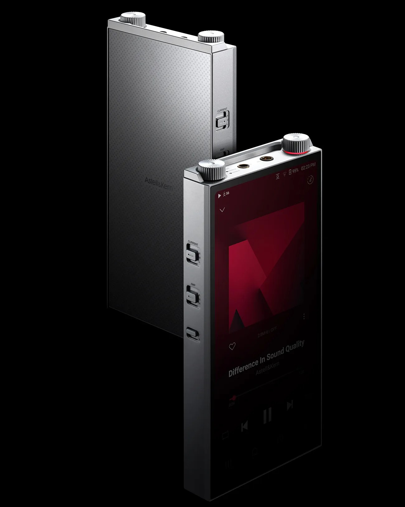 Two silver Astell&Kern portable music players, one showing the front screen with music playing and the other showing the textured back.