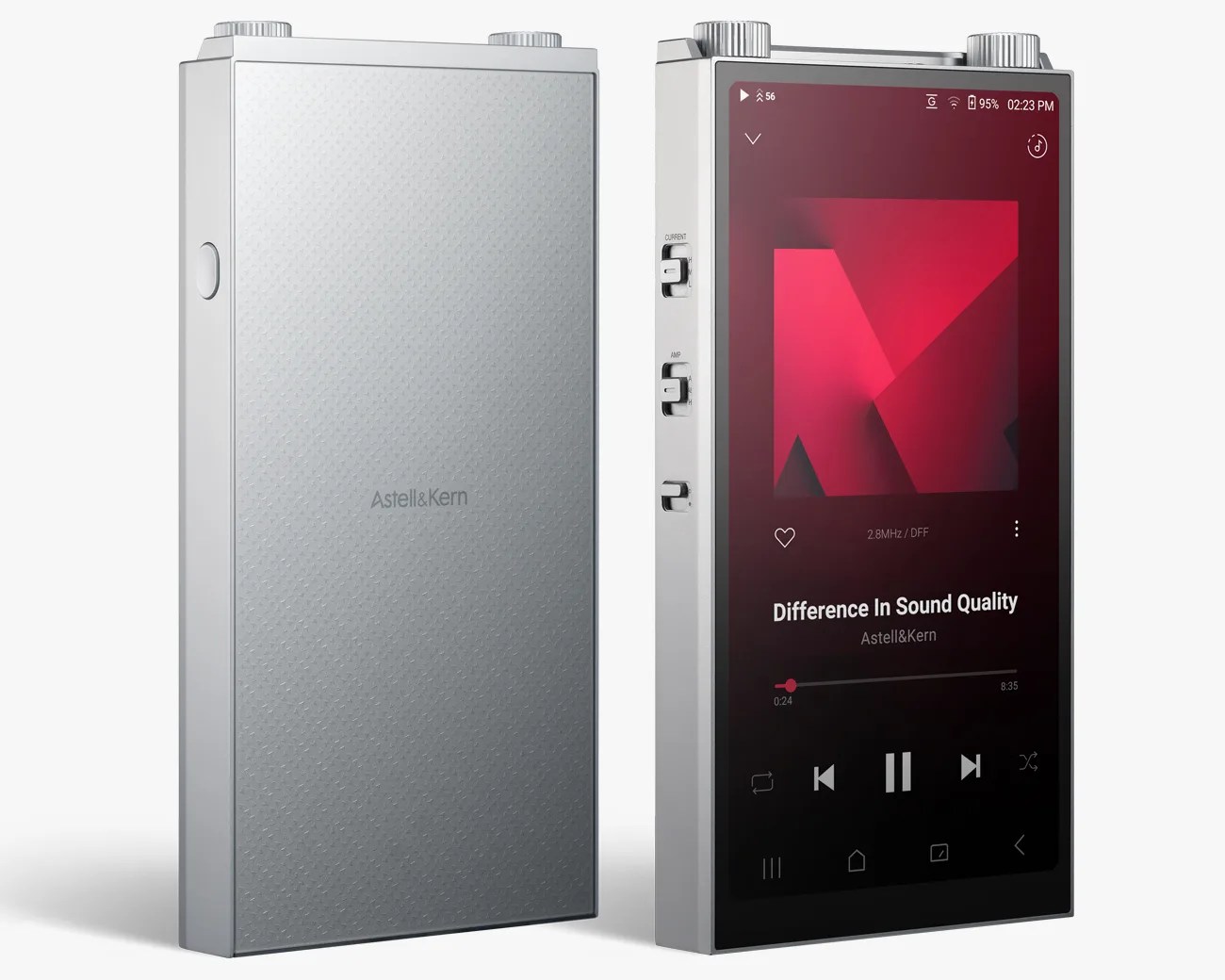 Silver Astell&Kern digital music player showing a red album cover and playback controls on the screen.