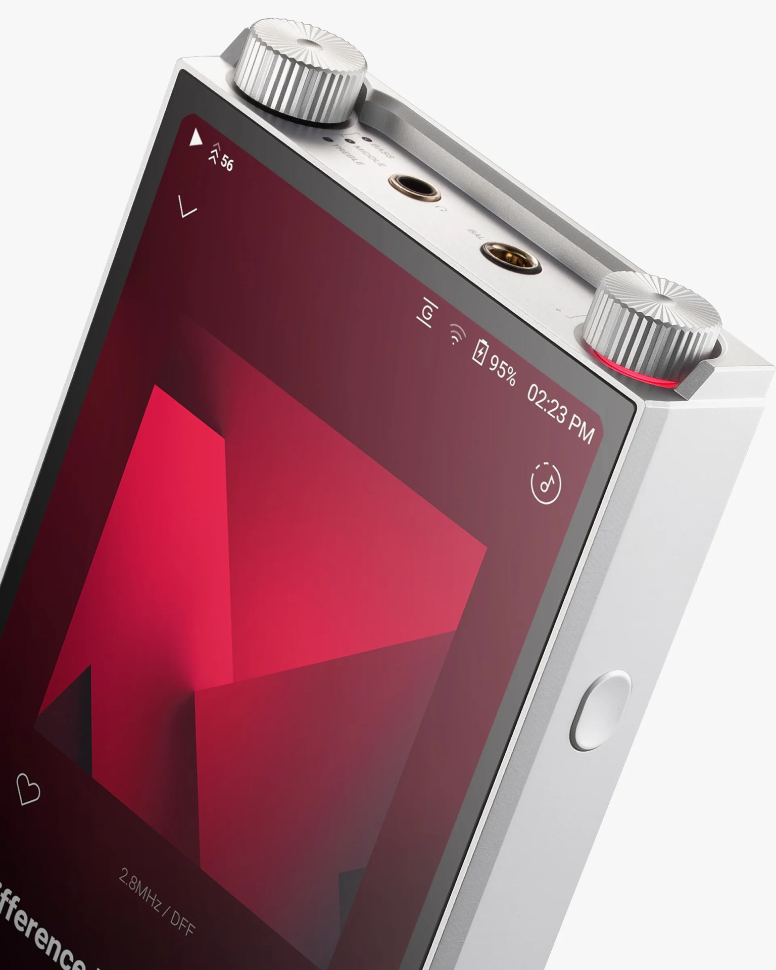 Silver portable digital music player with a red geometric design on the screen and two silver control knobs on top.