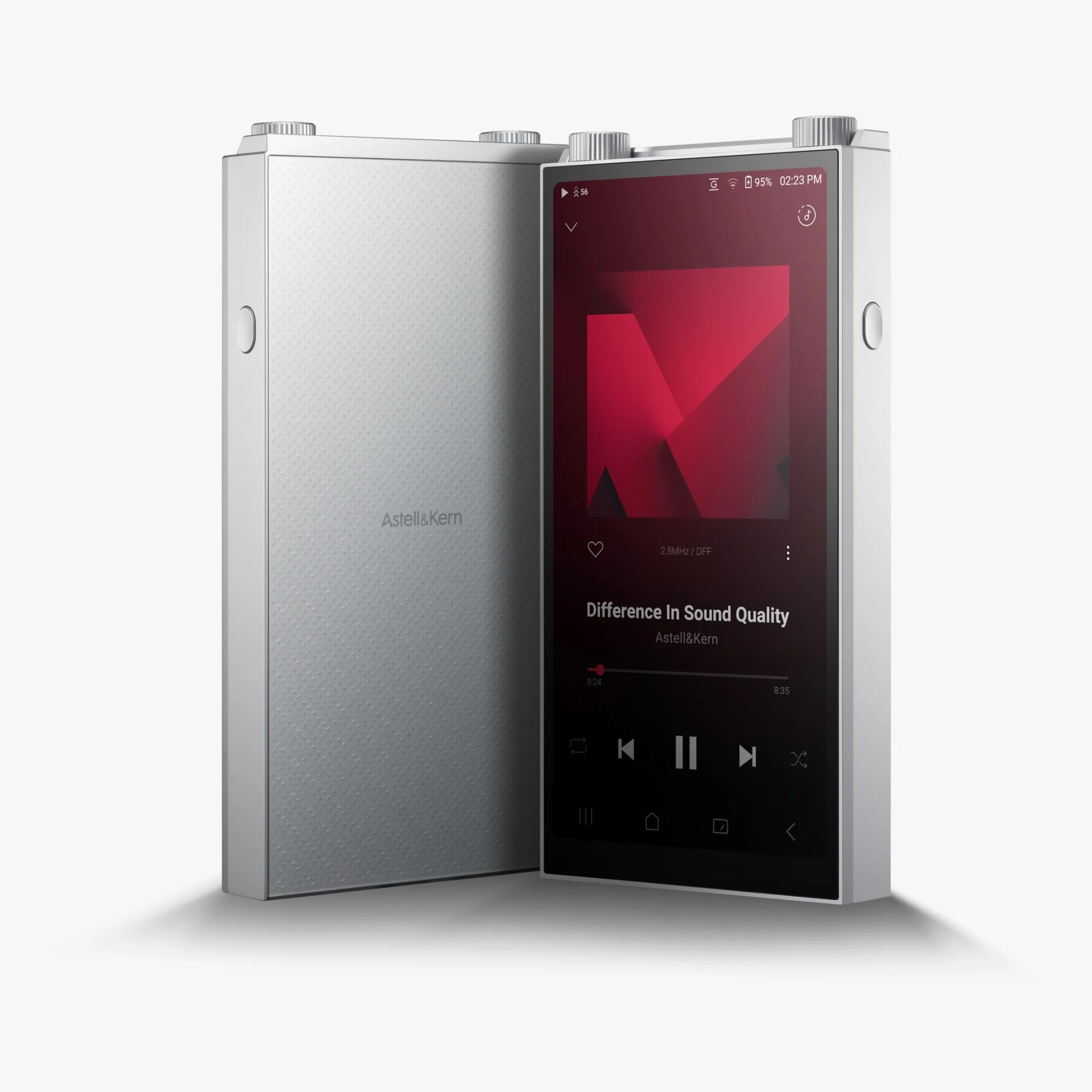 Silver Astell&Kern digital music player with textured back and touchscreen displaying music playback.