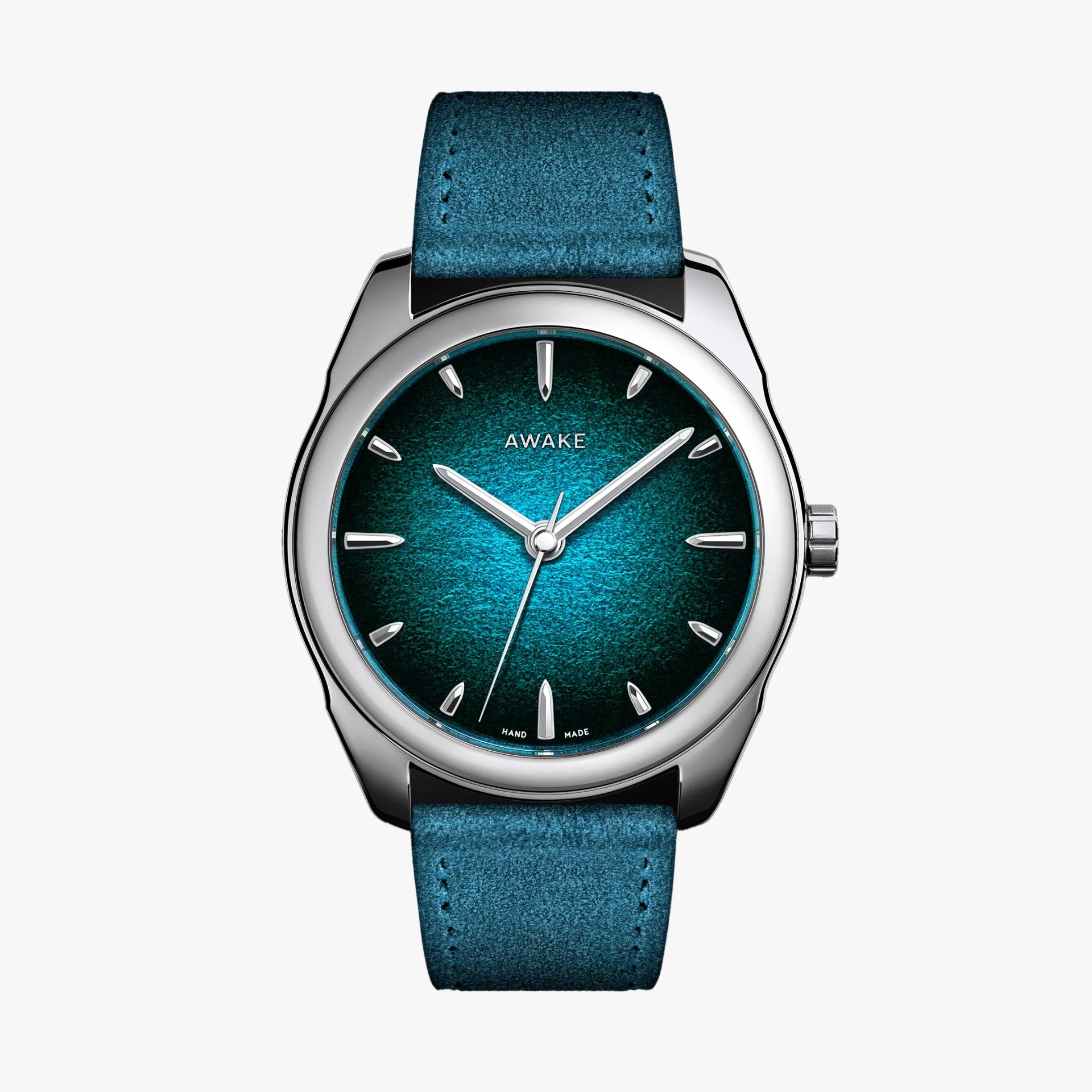 Silver wristwatch with a textured blue dial, silver hour markers, and a matching blue leather strap.