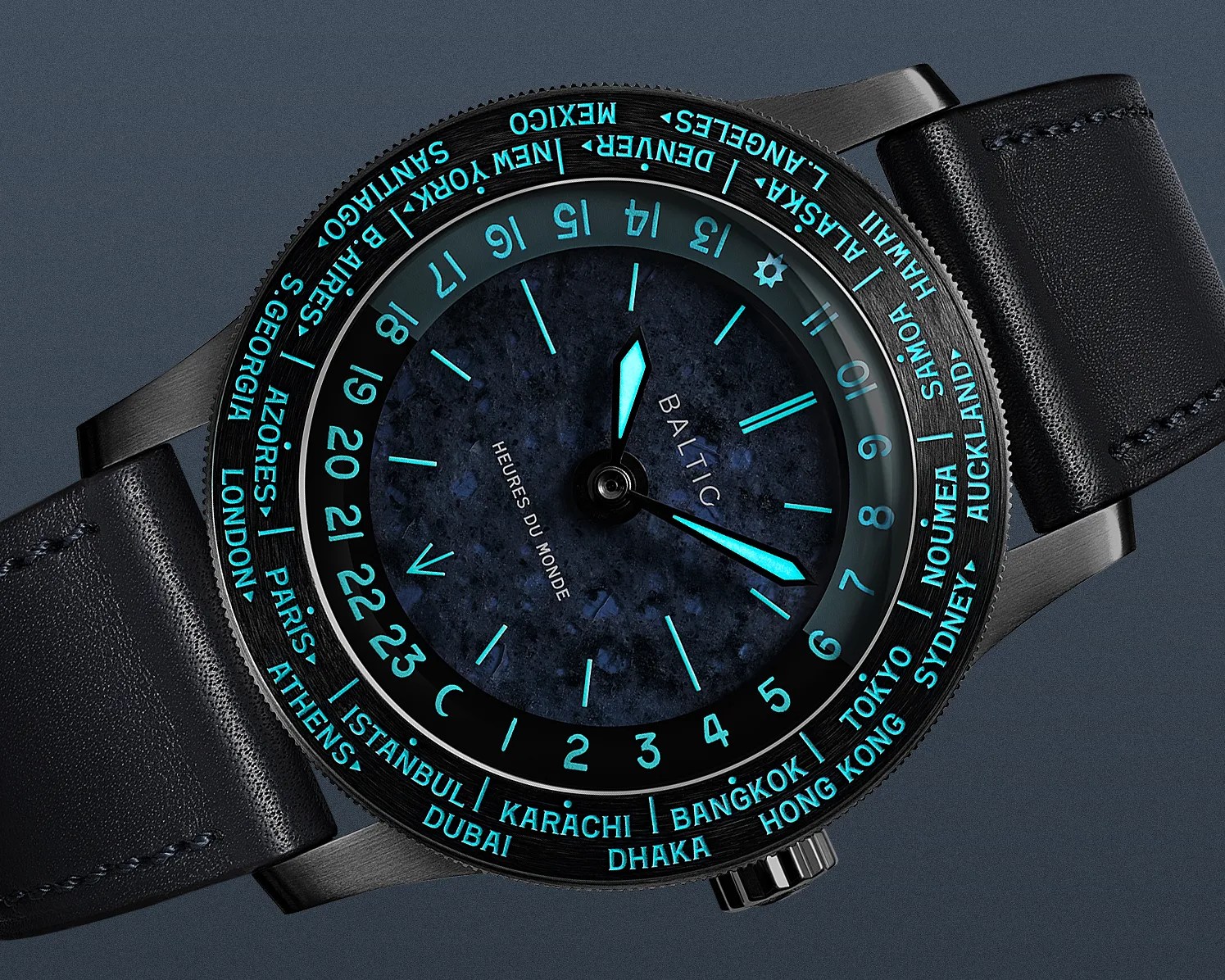 Black wristwatch with glowing blue numerals and hands, featuring world city names on the bezel and a black leather strap.