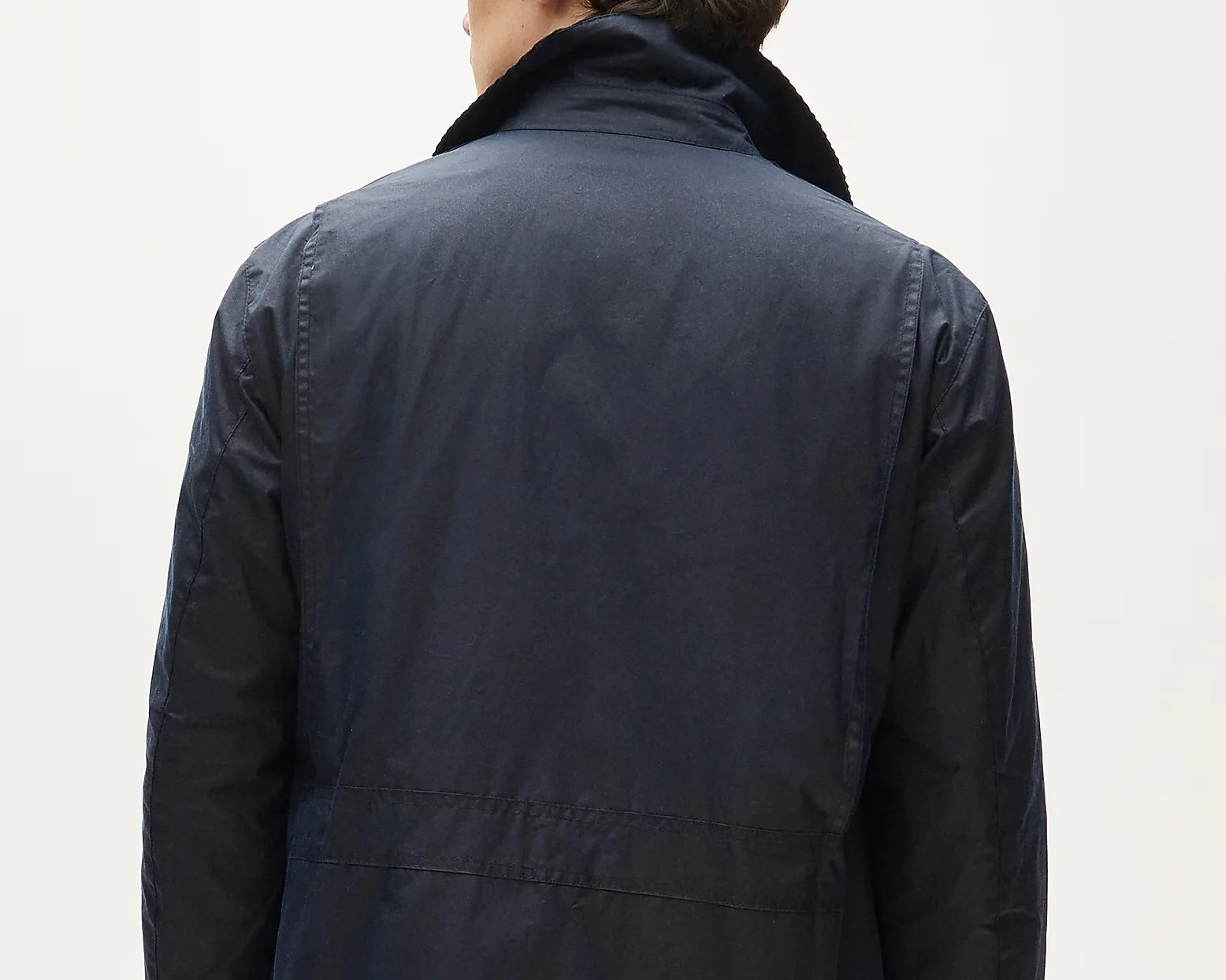 Navy blue jacket with a black collar shown from the back.