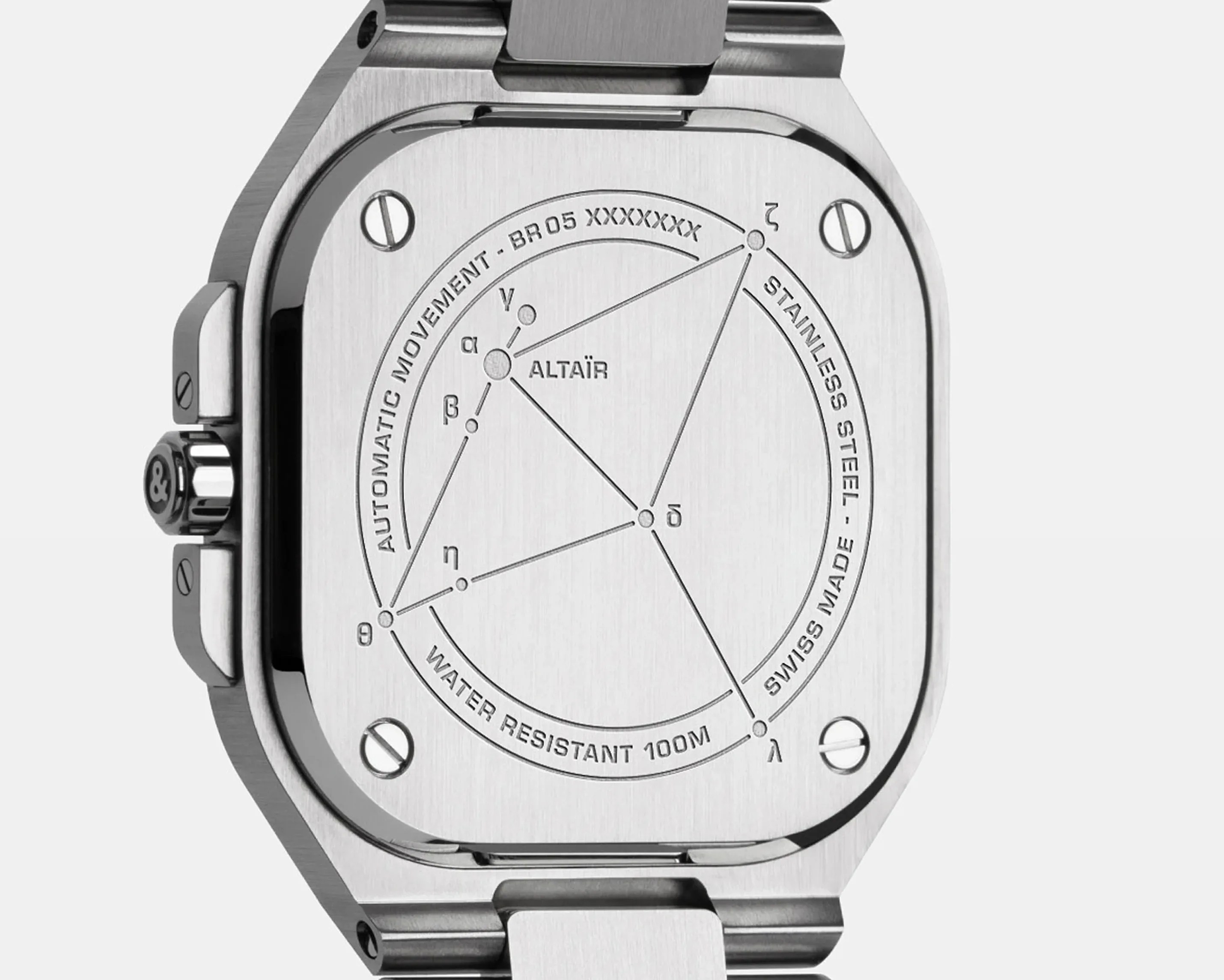 Square stainless steel watch back with engraved constellation design and text including "ALTA&Iuml;R," "AUTOMATIC MOVEMENT," and "WATER RESISTANT 100M.
