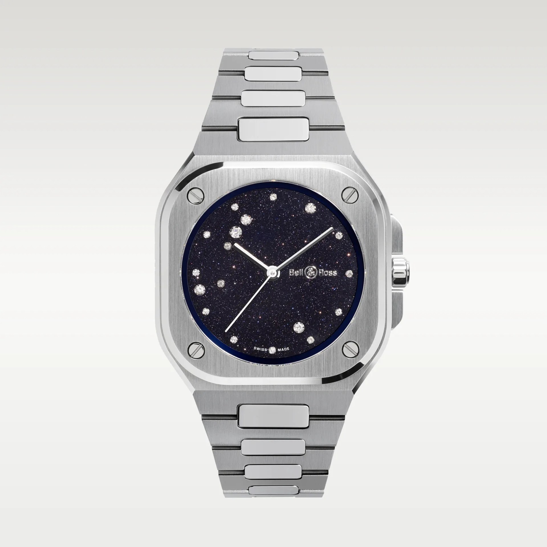 Square stainless steel Bell & Ross wristwatch with a dark blue starry dial and diamond hour markers.