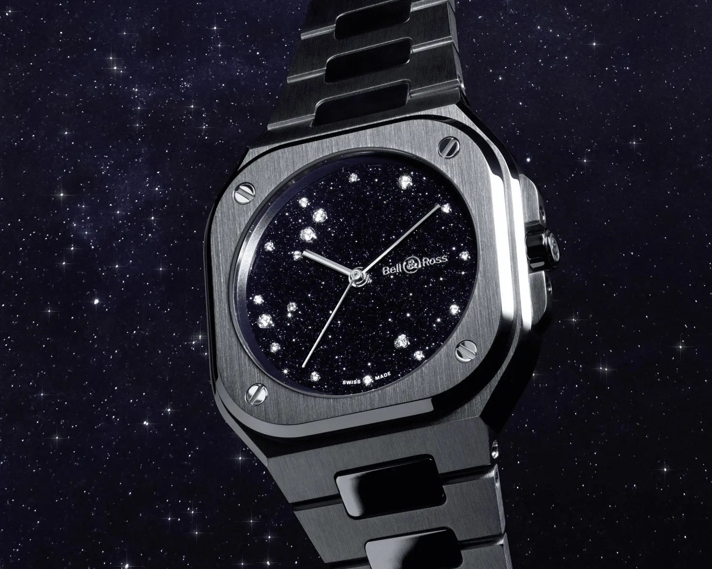 Square stainless steel Bell & Ross wristwatch with a starry night sky dial and diamond hour markers.