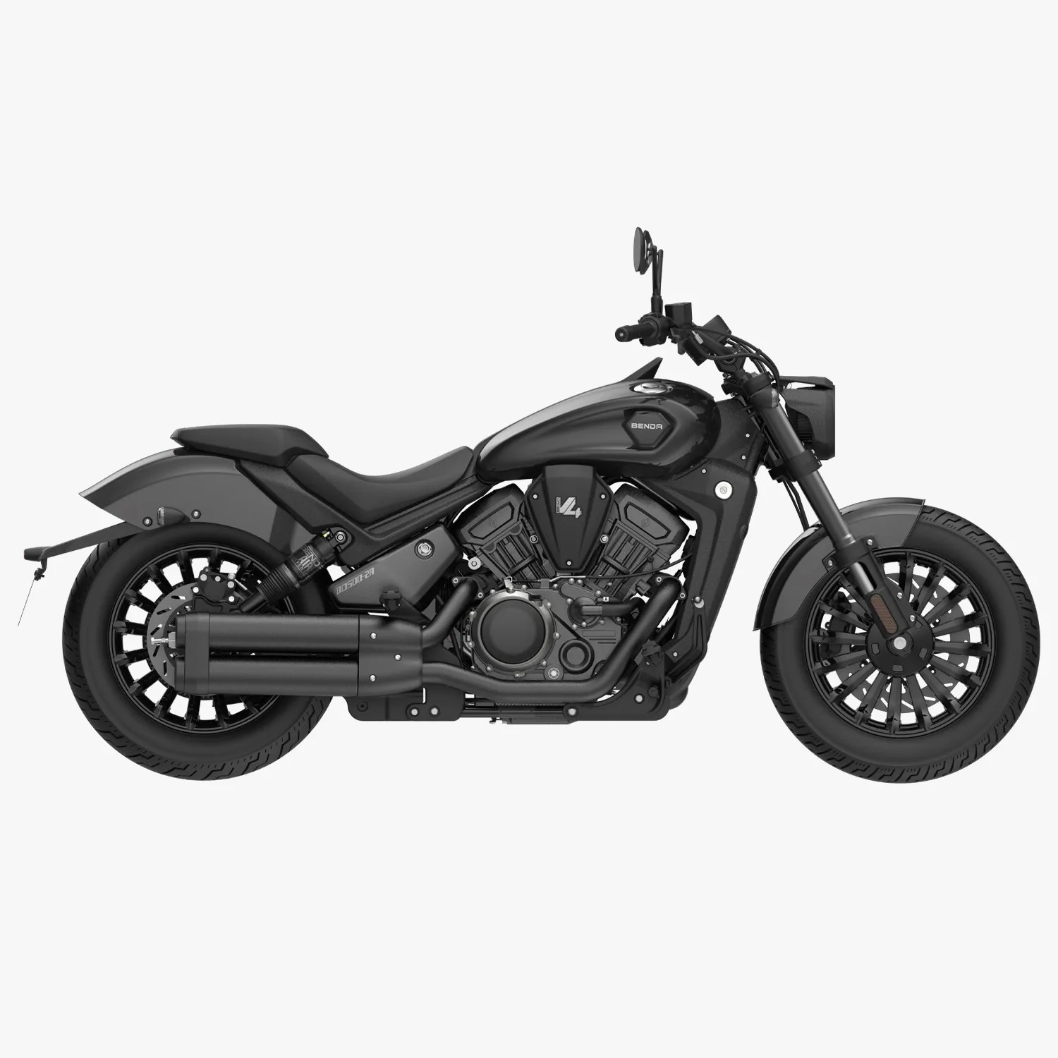 Matte black cruiser motorcycle with V4 engine and dual exhaust pipes, shown in profile.