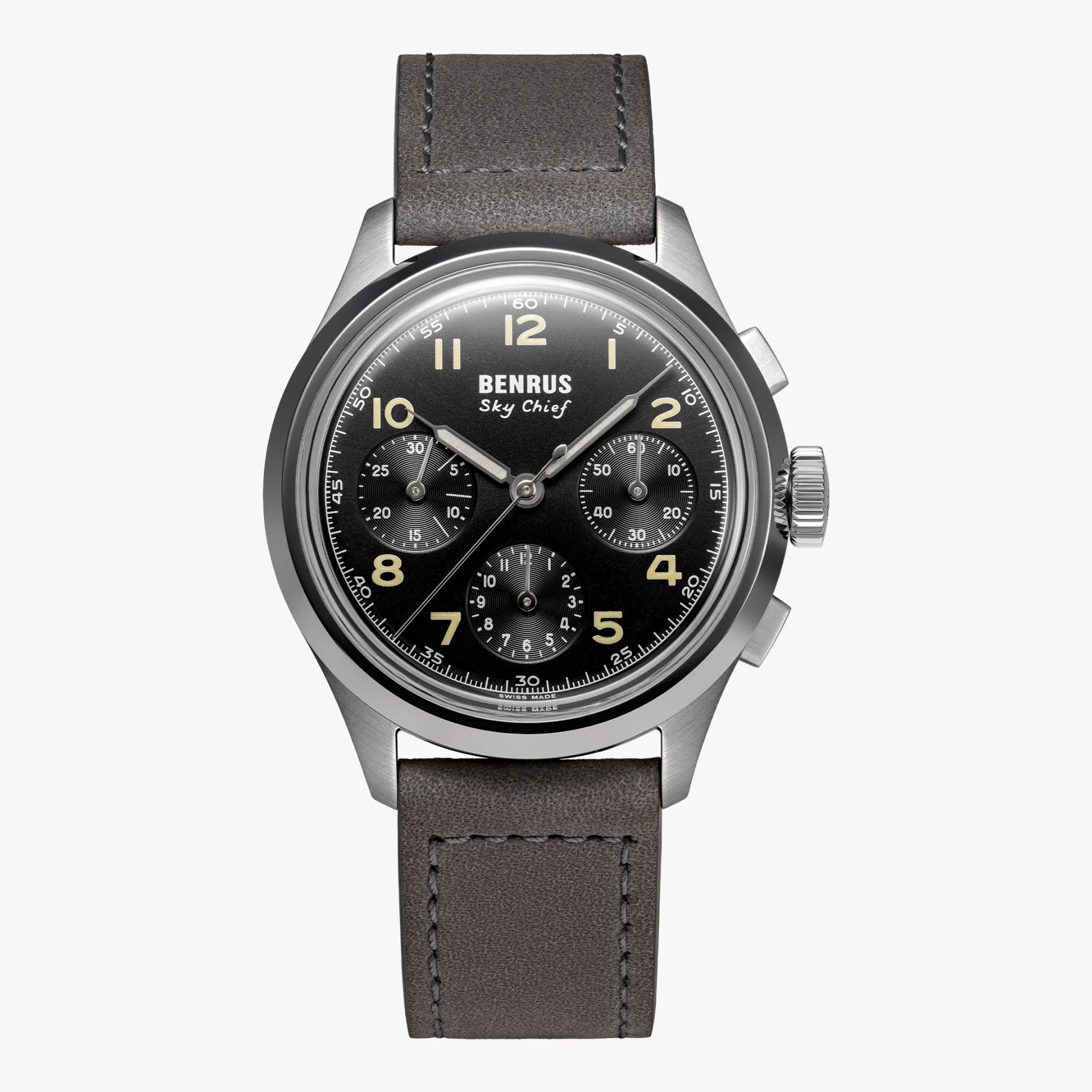 Round stainless steel Benrus Sky Chief chronograph watch with black dial, beige numerals, and gray leather strap.