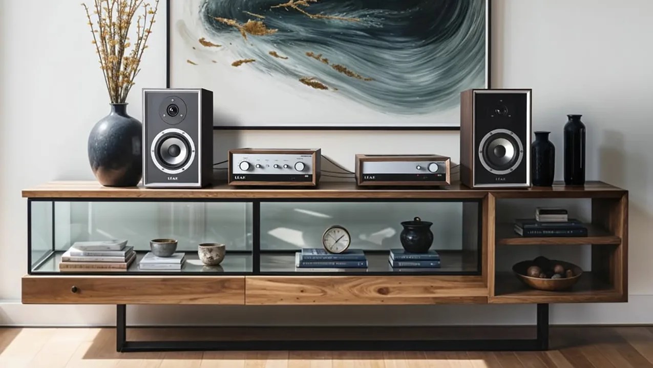Wooden sideboard with glass-front cabinets holding books, clock, and pottery, topped with LEAF speakers, audio equipment, and vases.