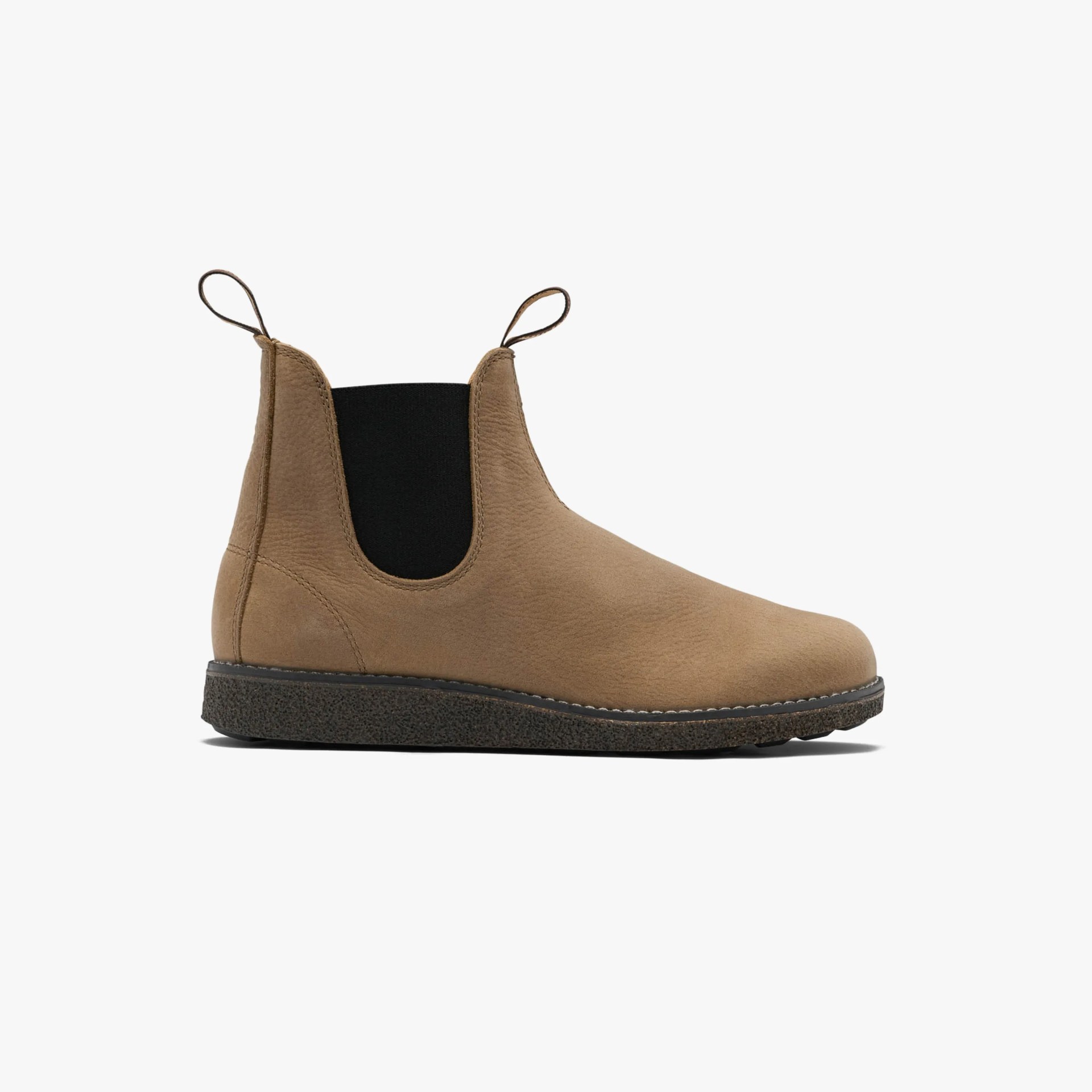 Tan leather Chelsea boot with black elastic side panels and dark textured sole.