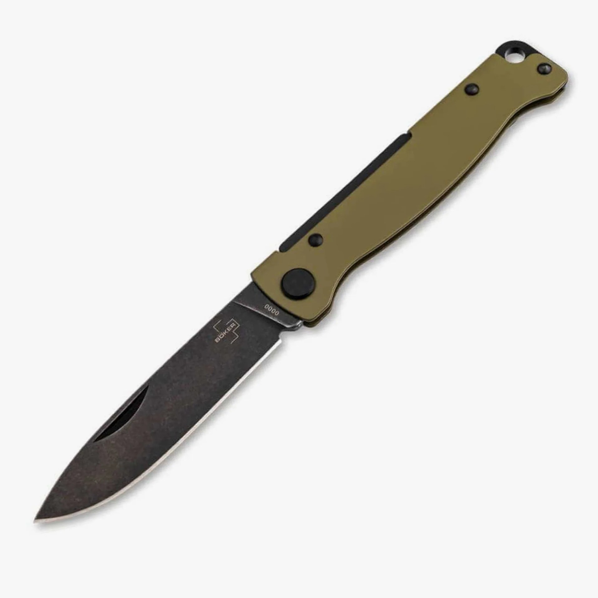 Folding pocket knife with a black stonewashed blade and an olive green handle.