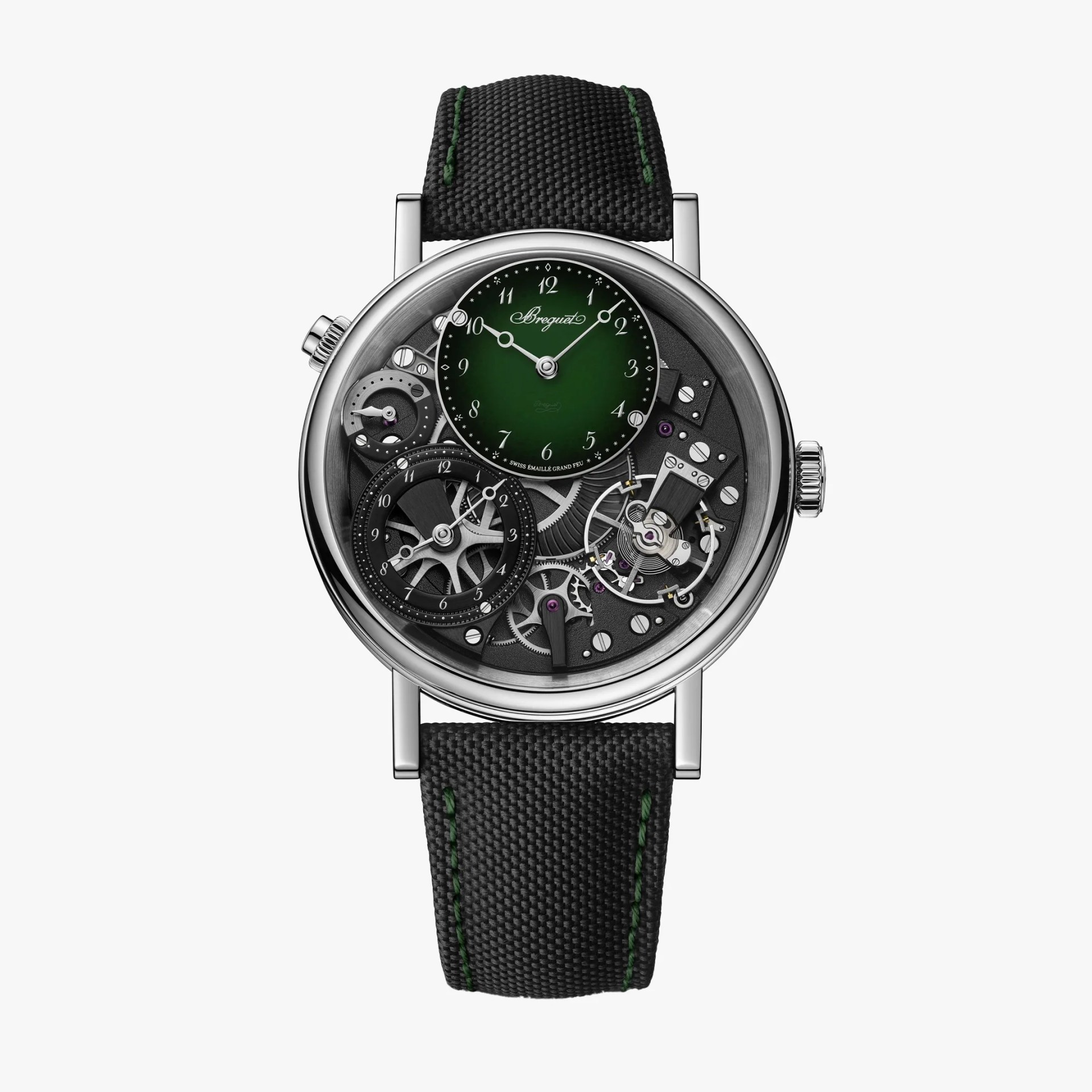 Silver mechanical wristwatch with exposed gears, green enamel dial, and black textured strap with green stitching.