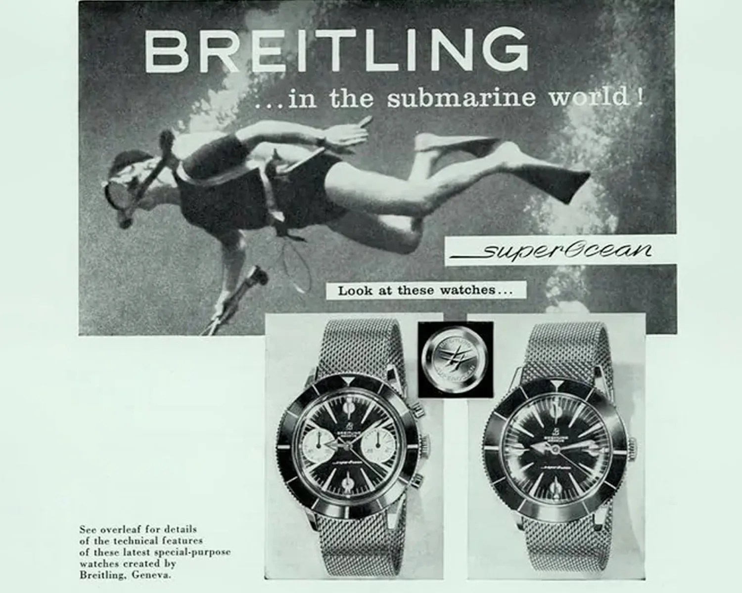 Vintage Breitling advertisement showing a diver underwater and two Breitling SuperOcean watches with mesh metal bands.