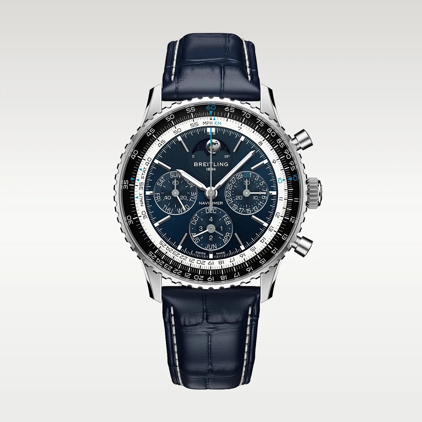 Breitling Navitimer watch with blue dial, moon phase, multiple subdials, silver case, and blue leather strap.
