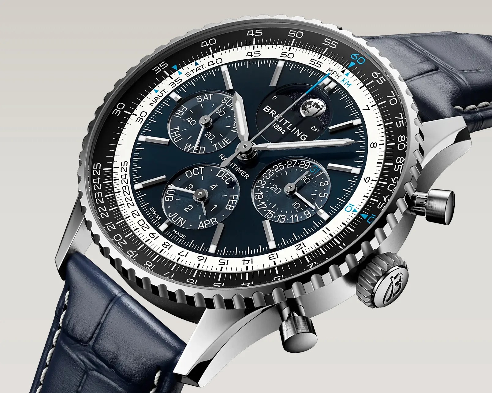 Breitling Navitimer wristwatch with black dial, multiple subdials, silver markers, and blue leather strap.