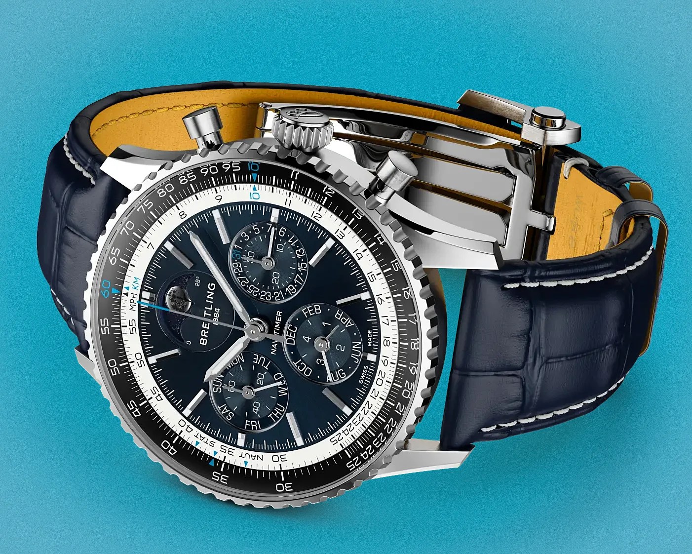 Breitling Navitimer wristwatch with black dial, multiple subdials, stainless steel case, and black leather strap with white stitching.