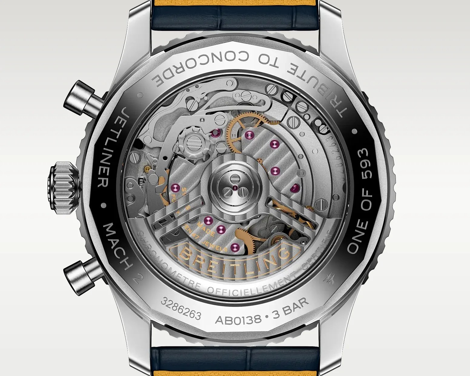 Back of a Breitling Jetliner Mach 2 watch showing intricate mechanical movement through a transparent case back.