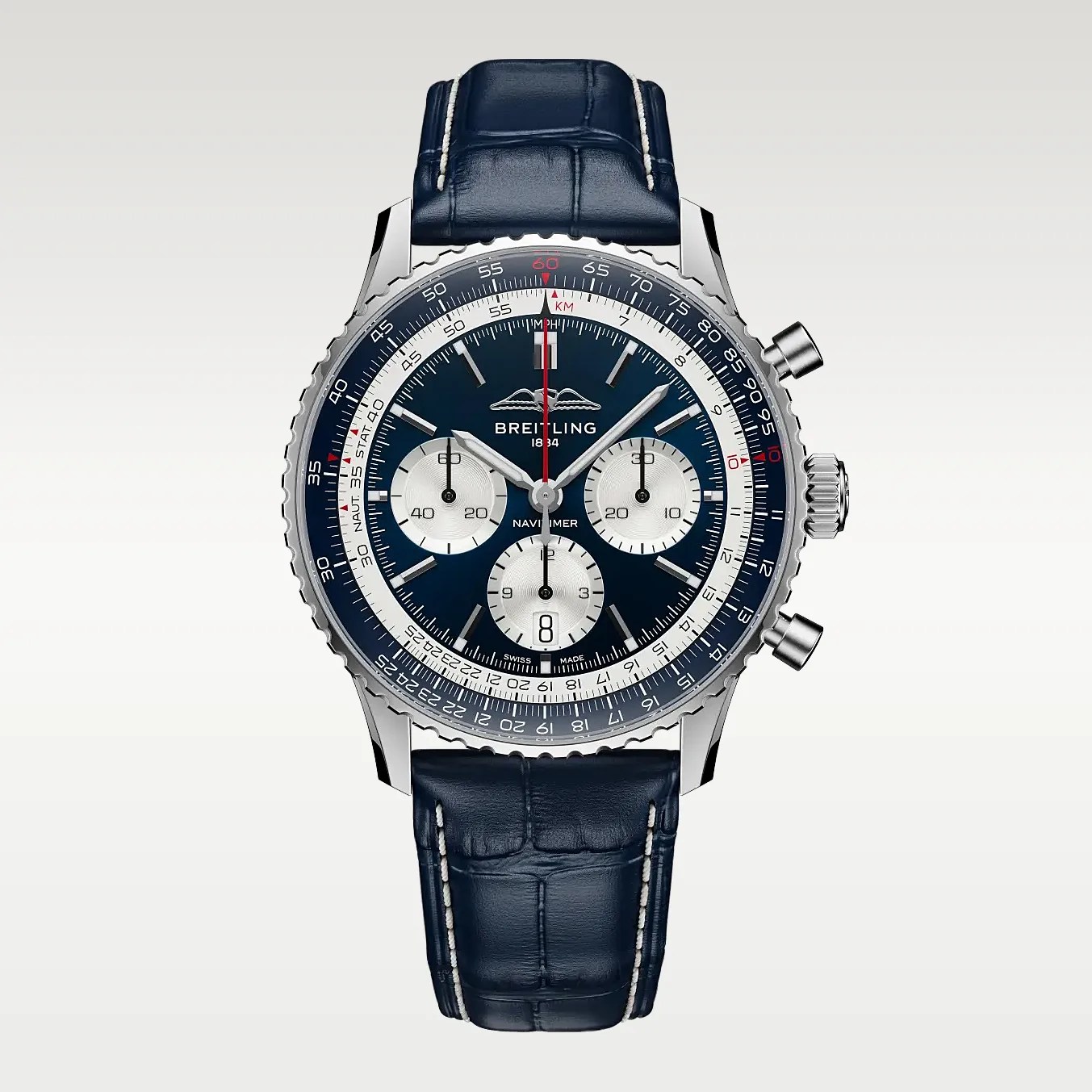 Breitling Navitimer chronograph watch with blue dial, silver subdials, stainless steel case, and blue leather strap.