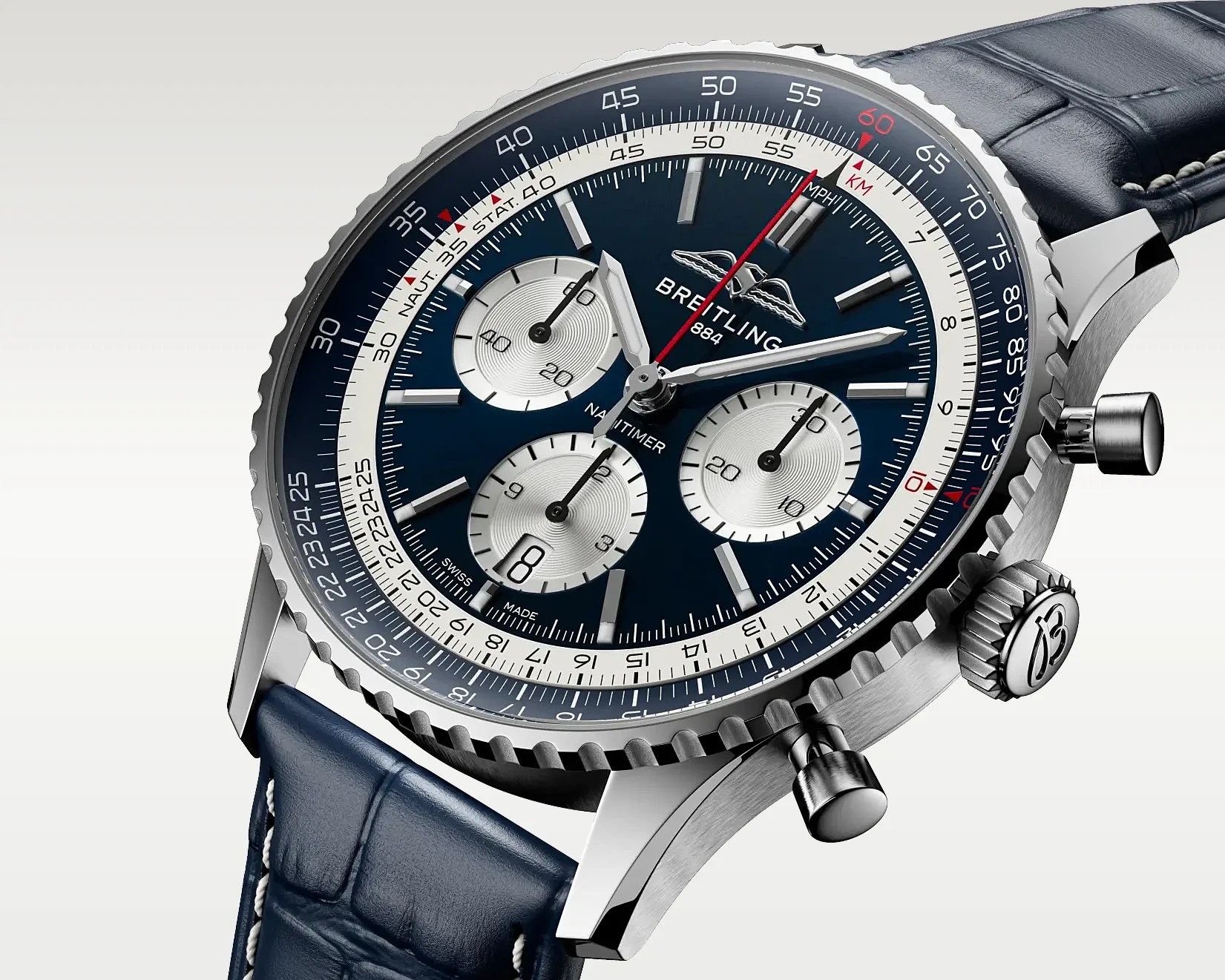 Breitling Navitimer wristwatch with blue dial, three silver subdials, stainless steel case, and blue leather strap.