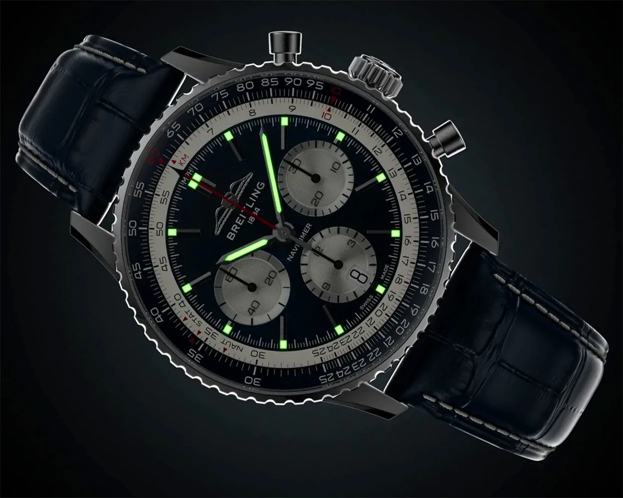 Breitling Navitimer chronograph watch with black dial, three silver subdials, luminous hands, and black leather strap.