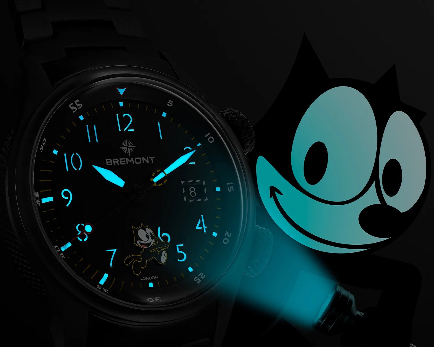 Black Bremont wristwatch with glowing blue numerals and hands, featuring a small Felix the Cat figure on the dial.