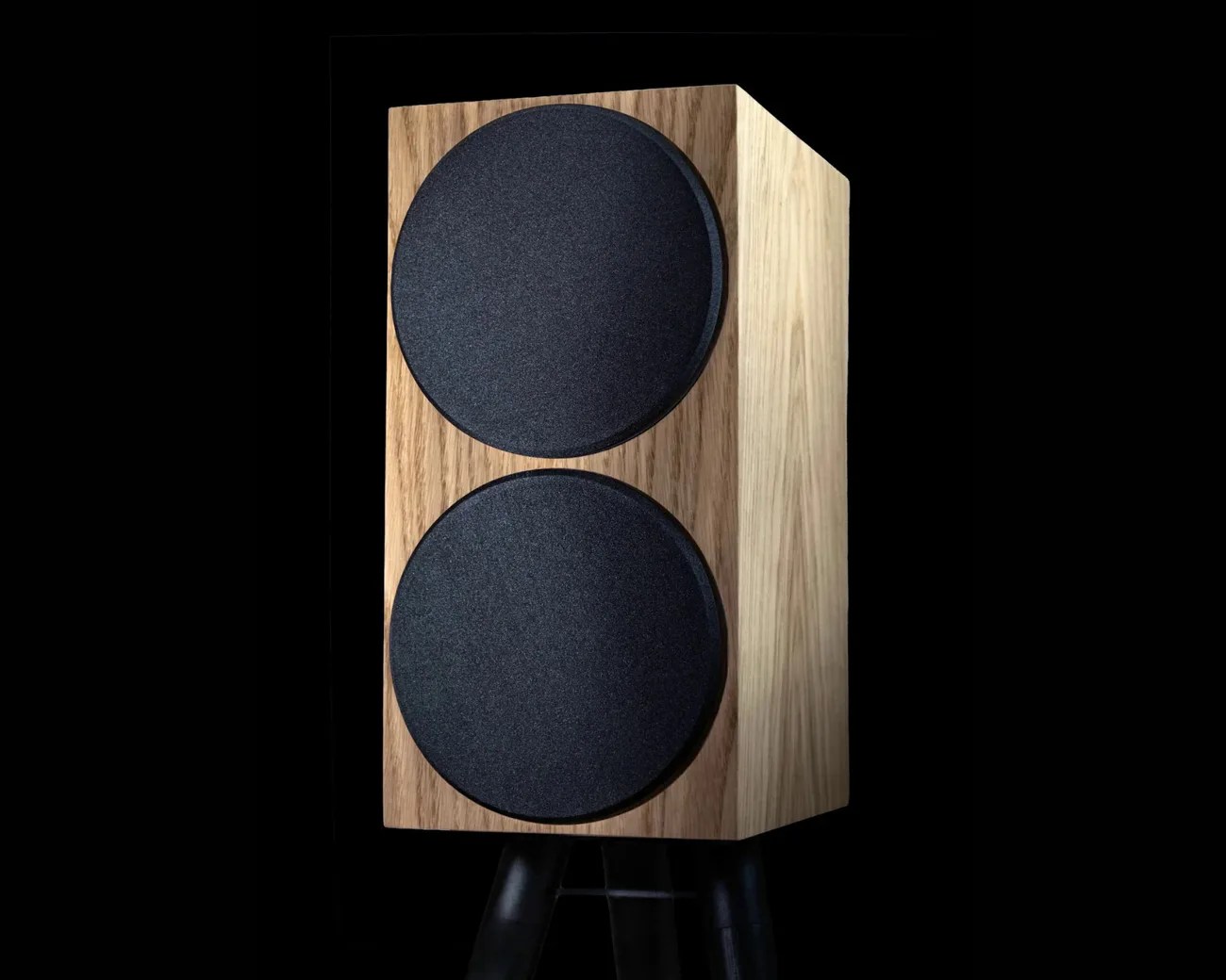 Rectangular wooden speaker with two large black circular speaker covers, placed on a black tripod stand.