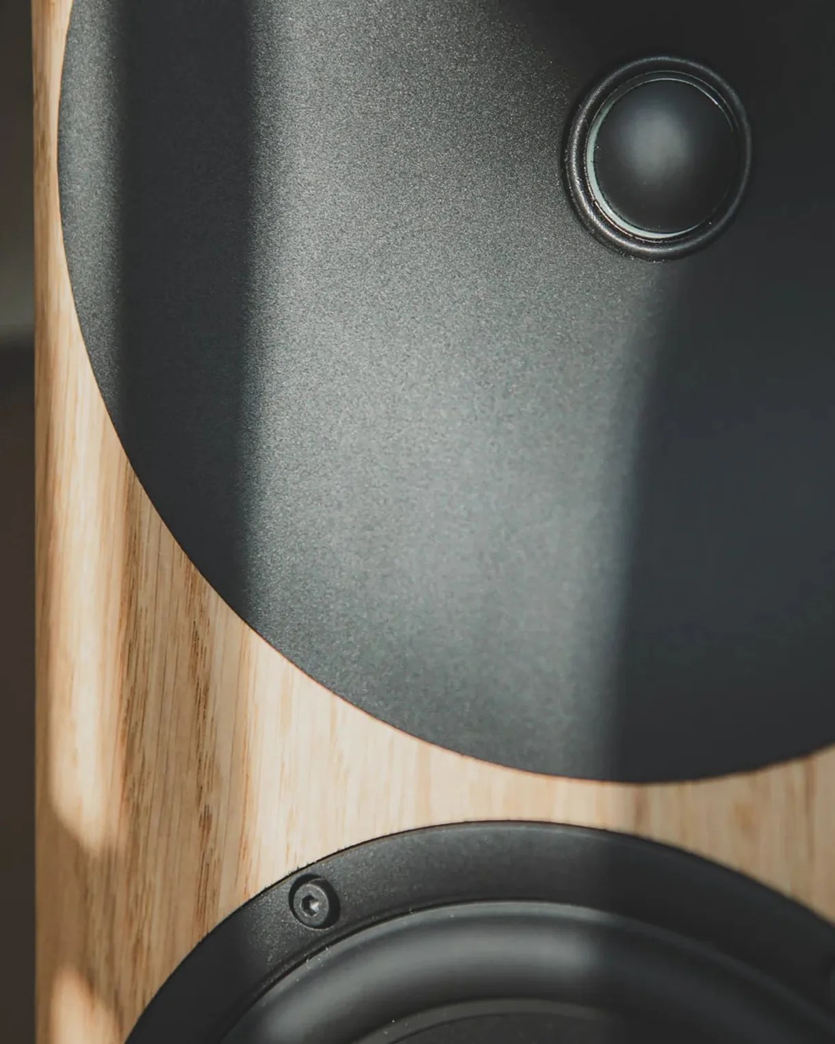 Close-up of a wooden speaker cabinet showing a black tweeter and part of a woofer with sunlight casting shadows.