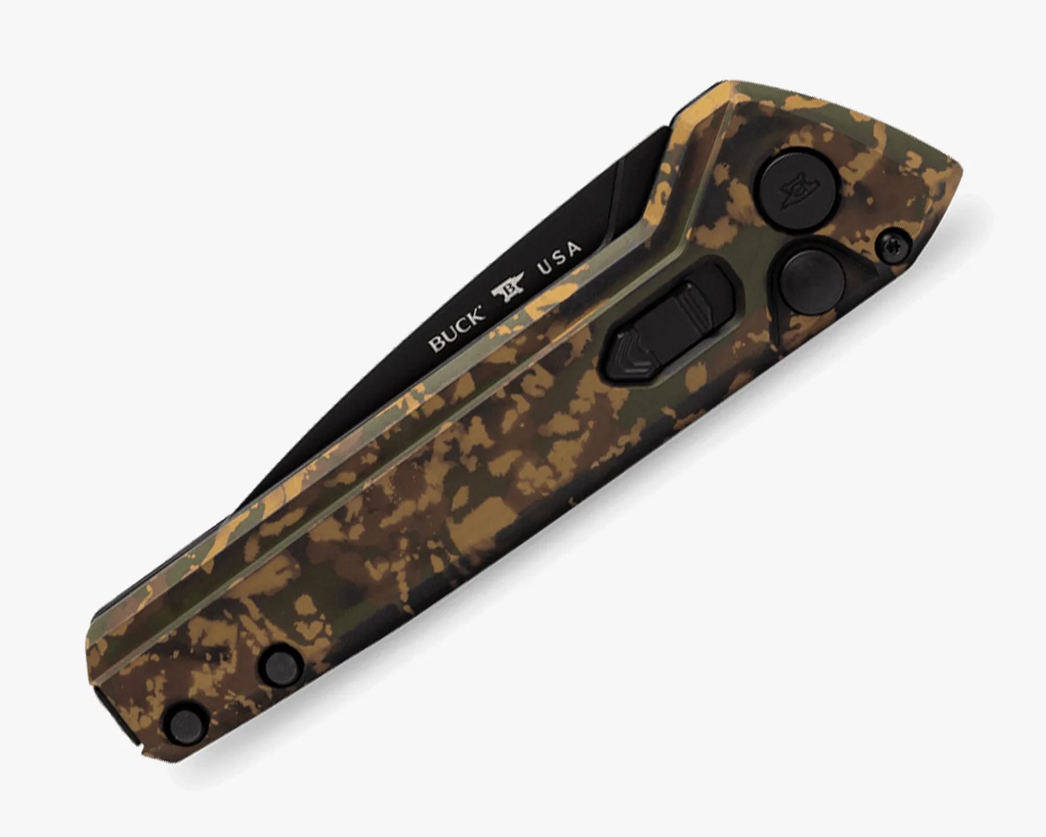 Folded camo-patterned Buck USA pocket knife with black blade and buttons.