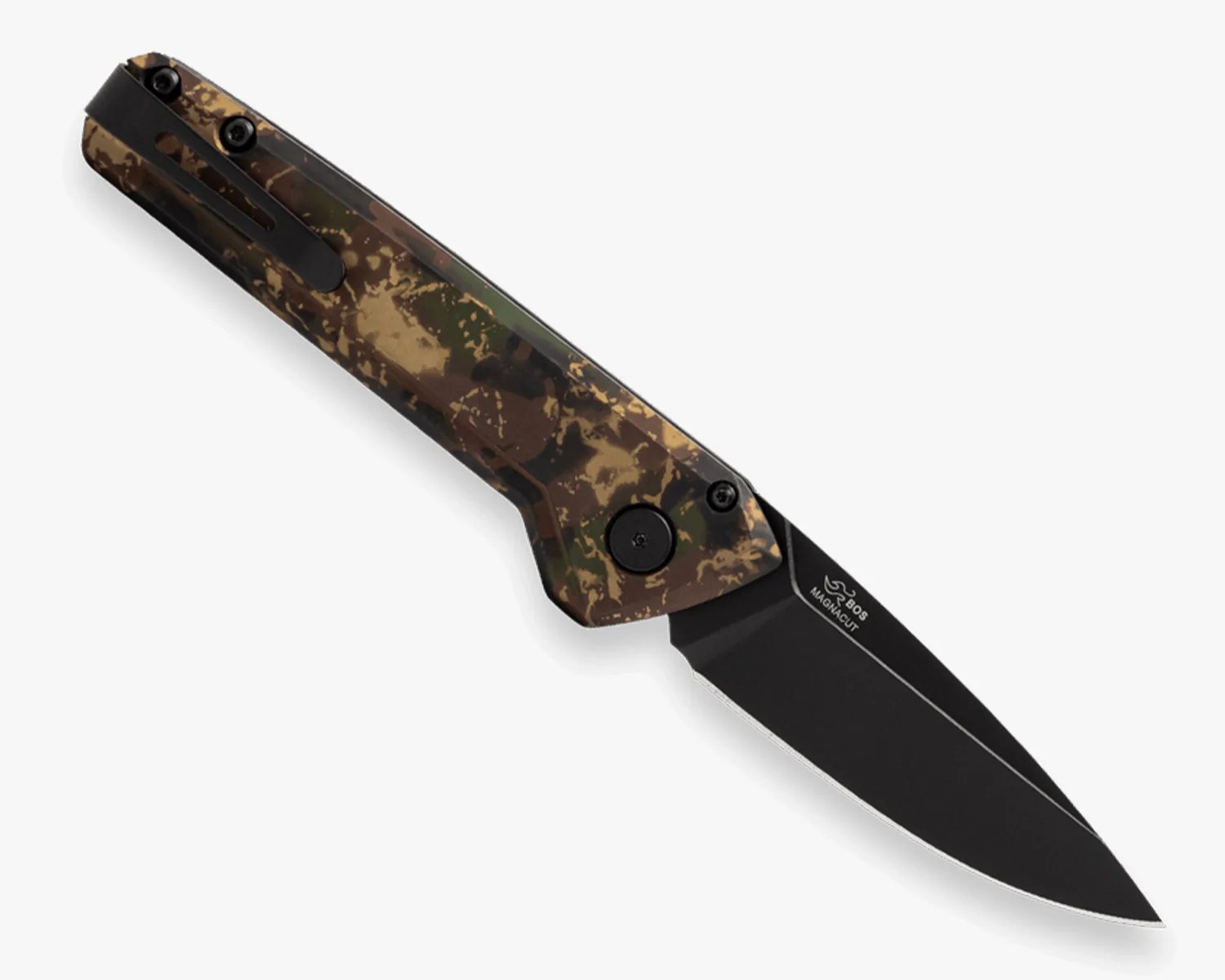 Folding knife with black blade and camouflage-patterned handle with pocket clip.