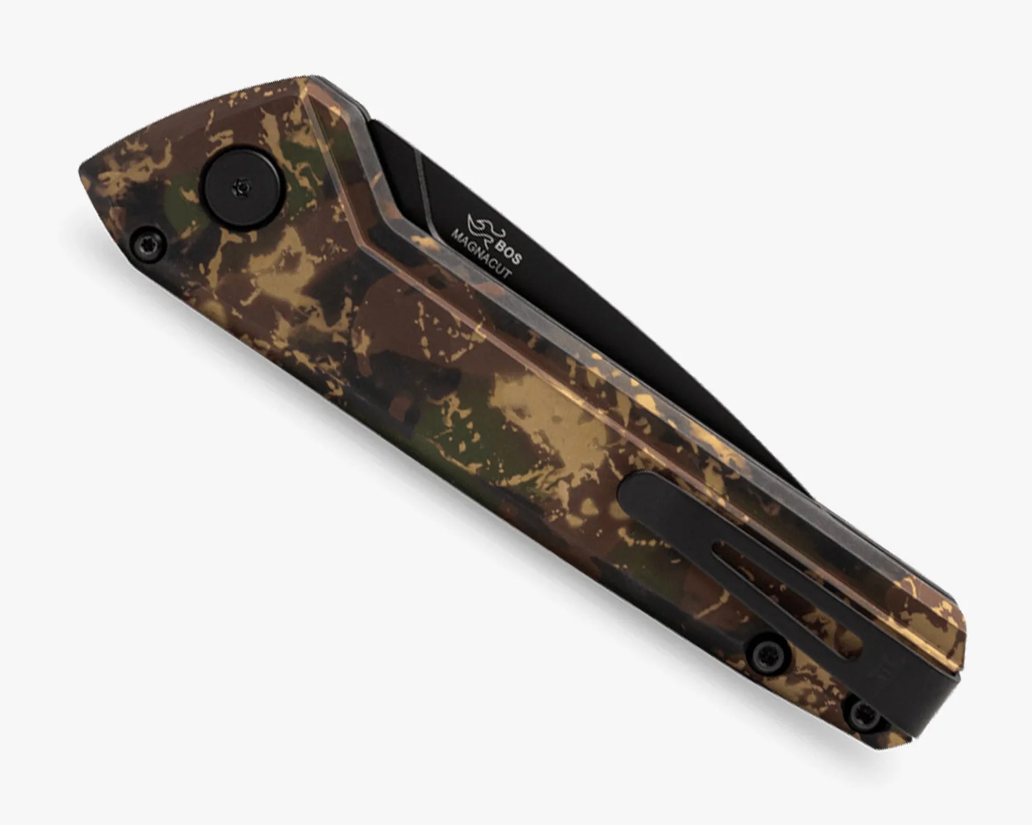 Folded camouflage-patterned pocket knife with black blade marked "BOS MAGNACUT" and black clip.