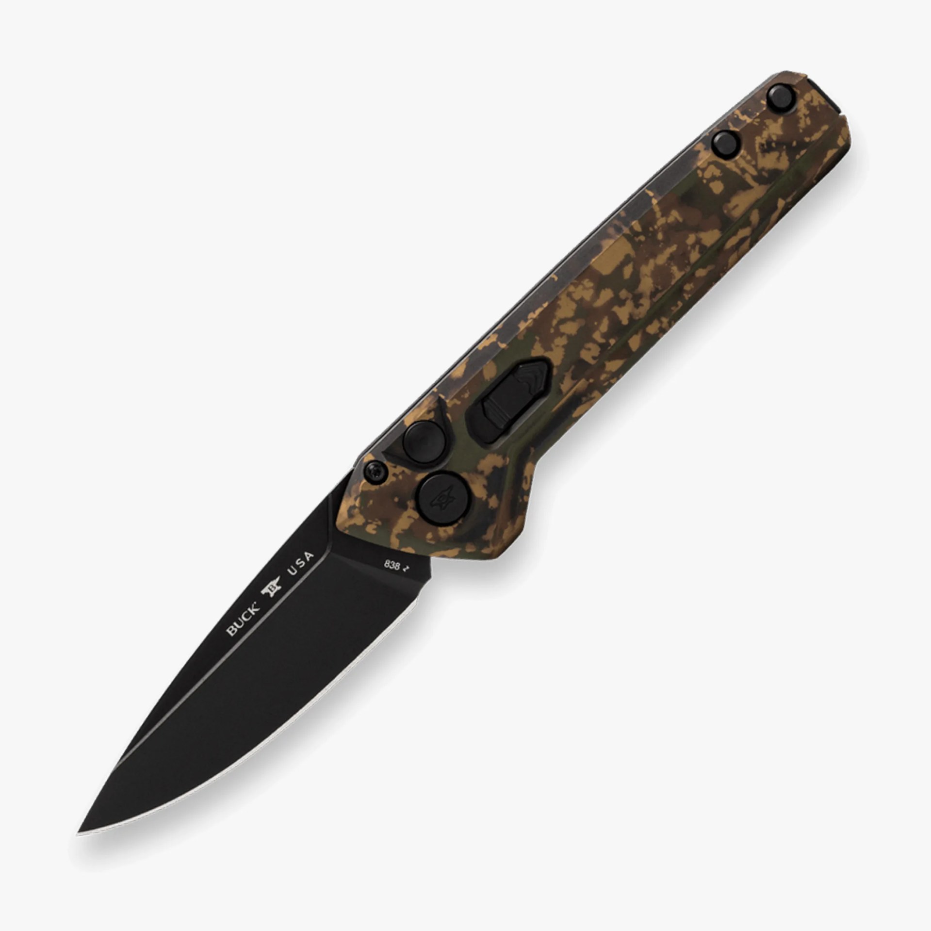 Folding knife with black blade and camouflage-patterned handle featuring multiple buttons.