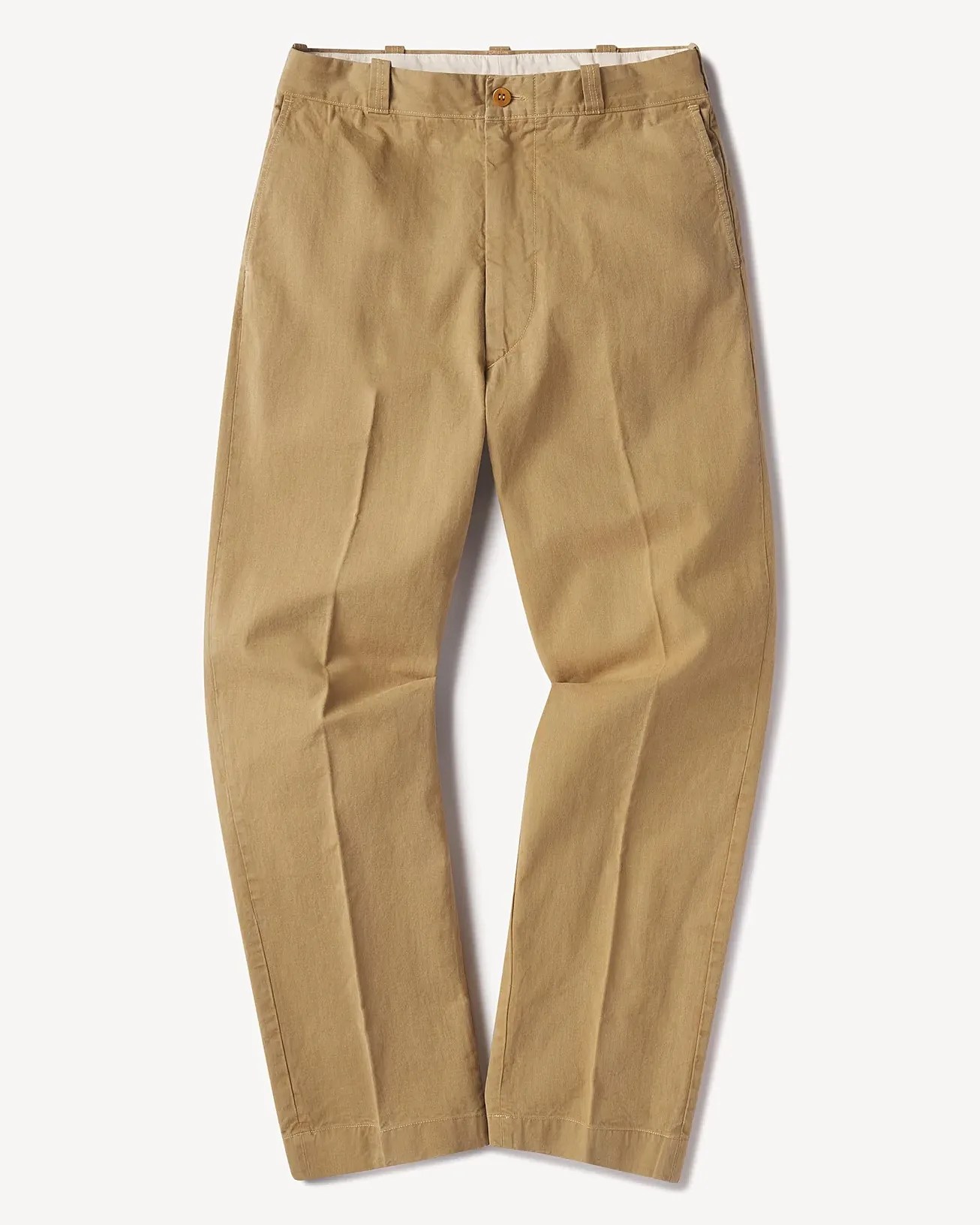 Tan cotton chinos with a button closure and belt loops laid flat on a white background.