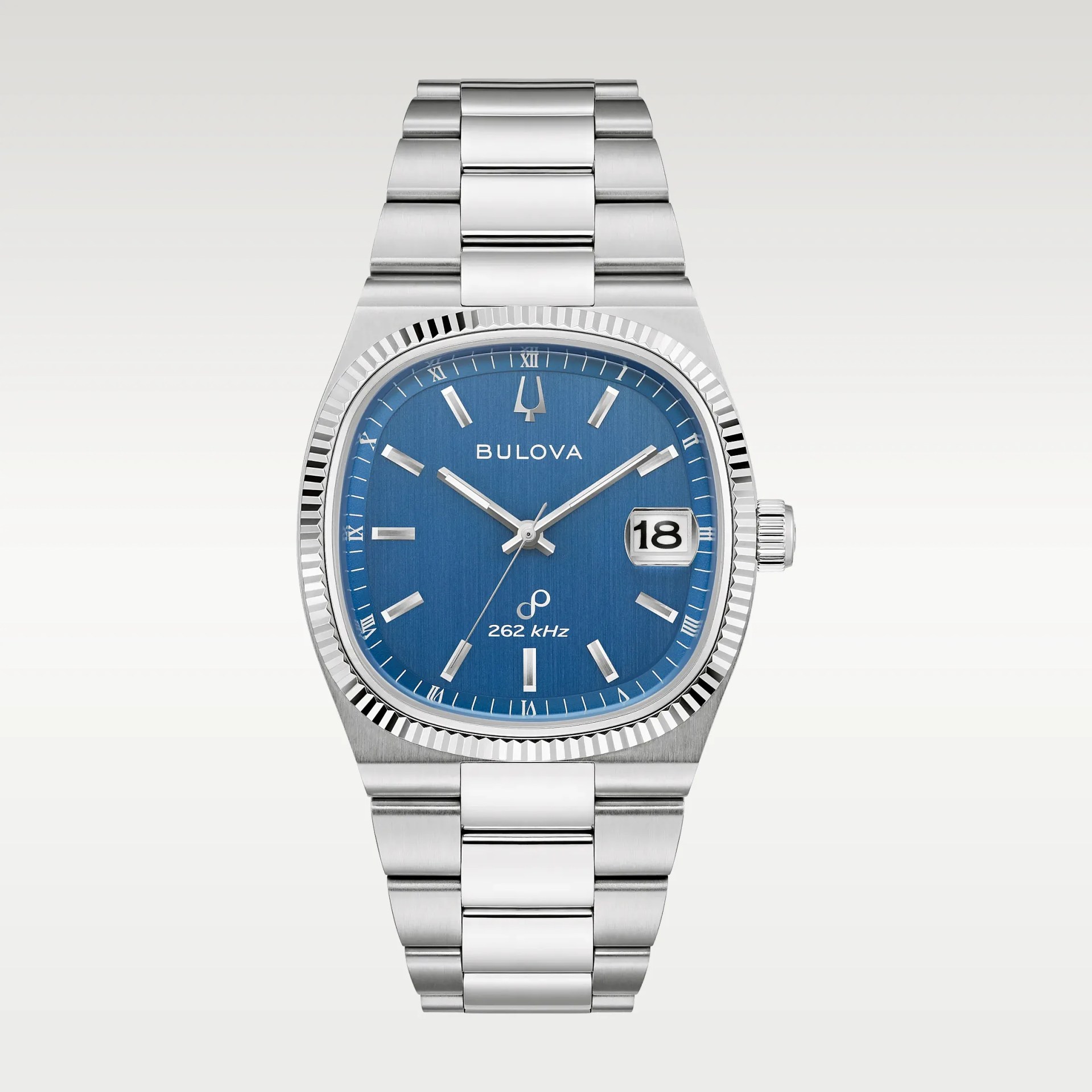 Silver stainless steel Bulova wristwatch with a blue dial, date window, and metal link bracelet.