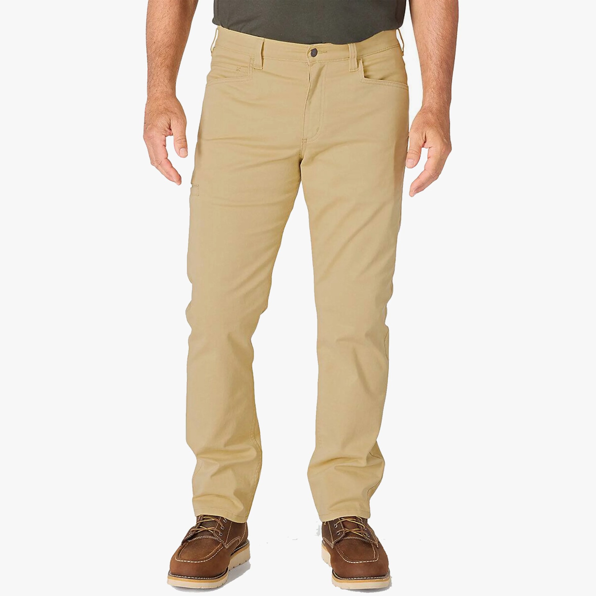 Khaki straight-leg pants worn with brown lace-up work boots.